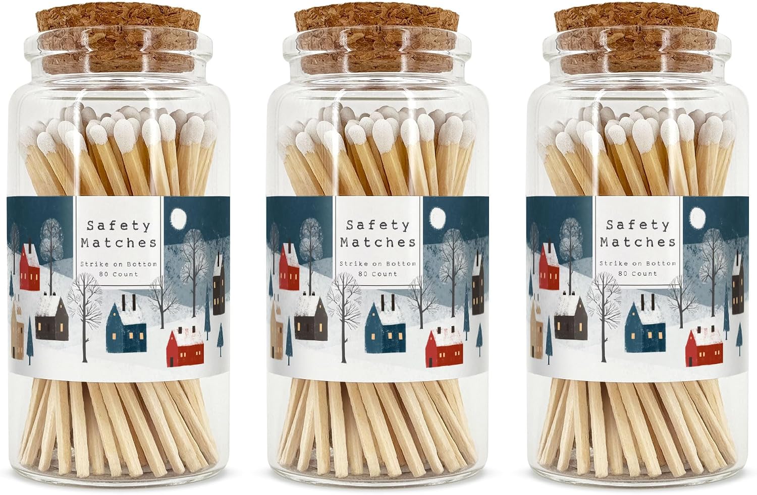 Snowy Village Wooden Matches in a Jar with Striker | Decorative Matches for Candles | Long Matches for Candles in Apothecary Glass Jar | Approx. 80 Safety Matches for Home Decor & Bathroom