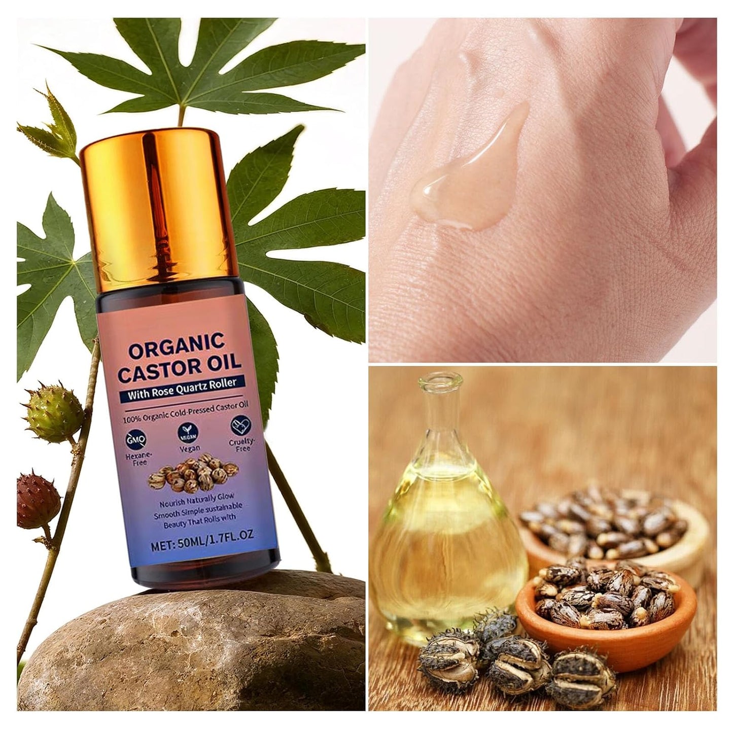 Organic Castor Oil Roll On with Rose Quartz Roller, 100% Castor Oil Organic Cold Pressed, Hexane-Free, for Face and Body, Hair, Eyebrows, Moisturize Skin -1pcs
