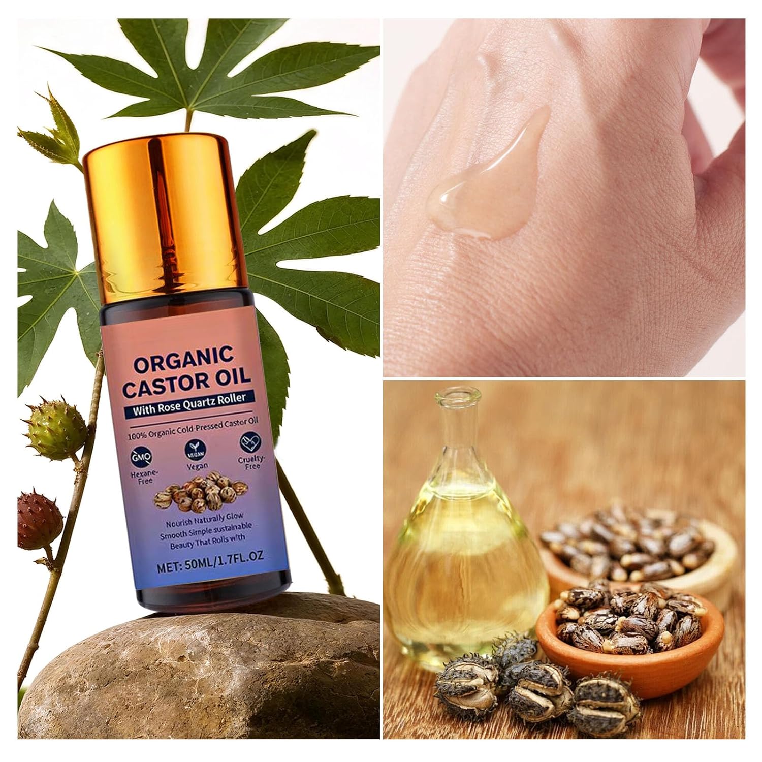Organic Castor Oil Roll On with Rose Quartz Roller, 100% Castor Oil Organic Cold Pressed, Hexane-Free, for Face and Body, Hair, Eyebrows, Moisturize Skin -1pcs