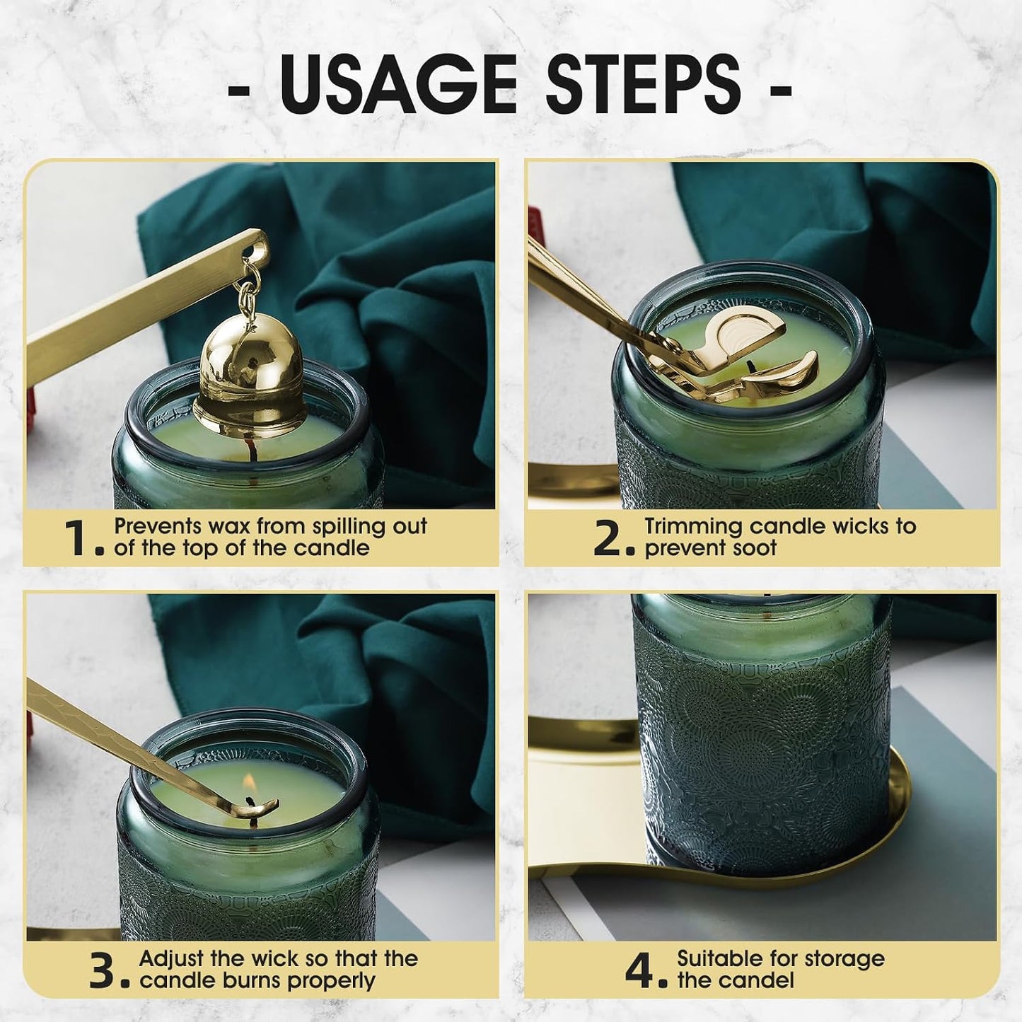 PATOISE 4 in 1 Candle Snuffer Set, Candle Wick Trimmer Cutter, Candle Accessory, Candle Wick Dipper, Tray Holder, Christmas Home Decor Gift for Candle Aromatherapy Lovers(Mini 4PCS Gold)