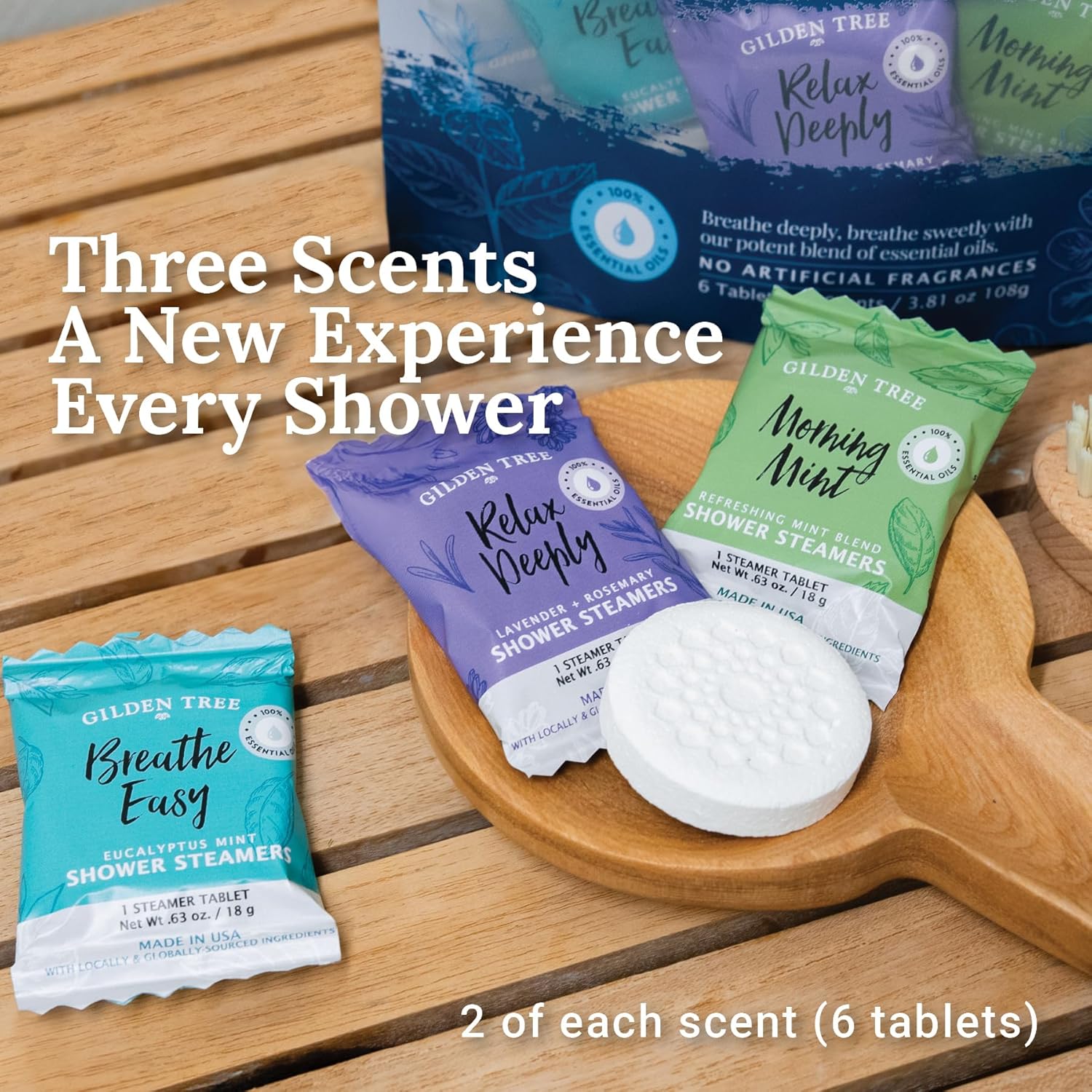 Gilden Tree Shower Steamers Aromatherapy Variety Pack – Sinus Relief, Relaxation & Energy Essential Oils, Birthday Gifts for Women Men Teens Adults, Individually Wrapped Made in USA (6 Pack, 3 Scents)