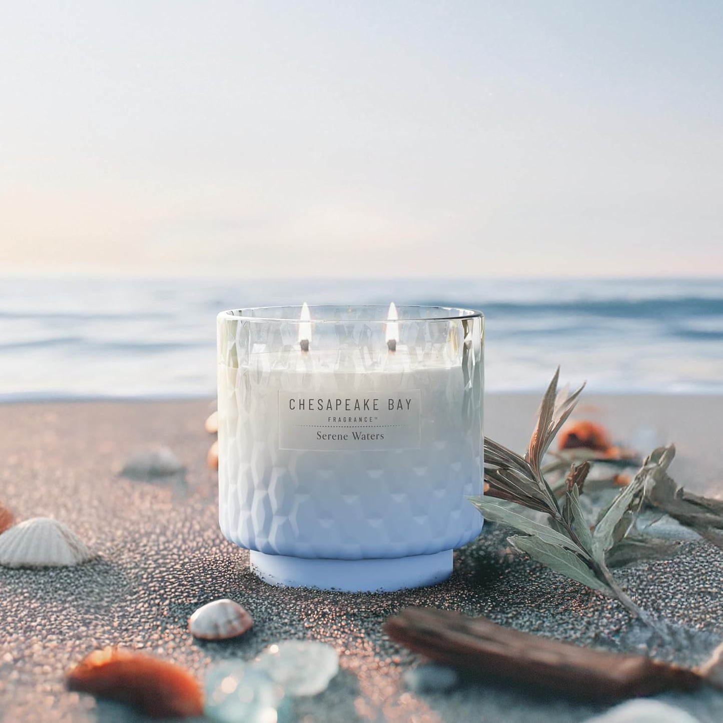 Chesapeake Bay, 11oz Serene Waters Scented Candle, Mood Evoking Fragrance, Textured Sea Glass-Inspired Jar, Premium Soy Blend Wax with Essential Oils, Coastal Fragrance for Home Décor or Gifting