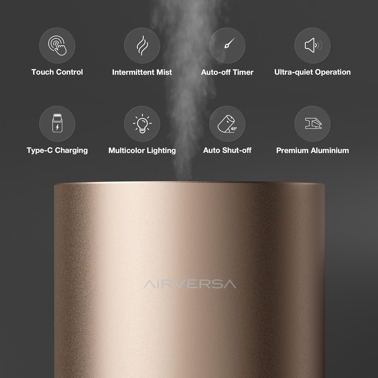 Airversa Waterless Essential Oil Diffuser for Home Room Desk Car Air Freshener Diffuser, Up to 600 sq ft, Battery Operated, Mist Level and Timer Settings, 100mL Capacity, Cold Air, RD1 Titanium