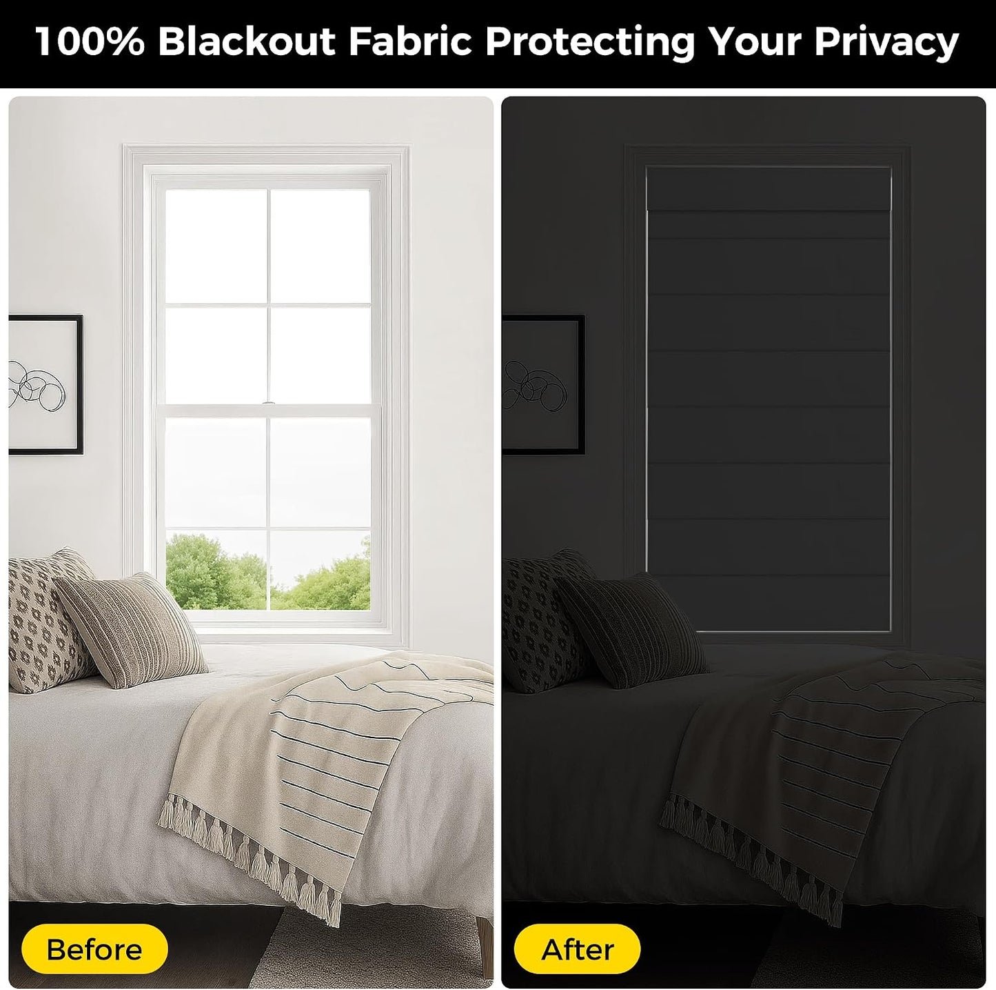 UNISHADES no Drill Cordless Roman Shades for Windows, 33" W × 64" H - 100% Blackout - Linen - Mist White