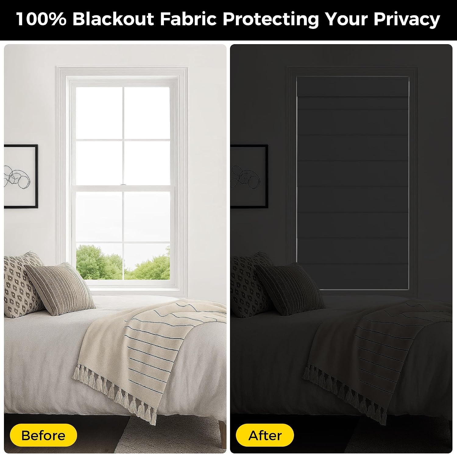 UNISHADES no Drill Cordless Roman Shades for Windows, 33" W × 64" H - 100% Blackout - Linen - Mist White