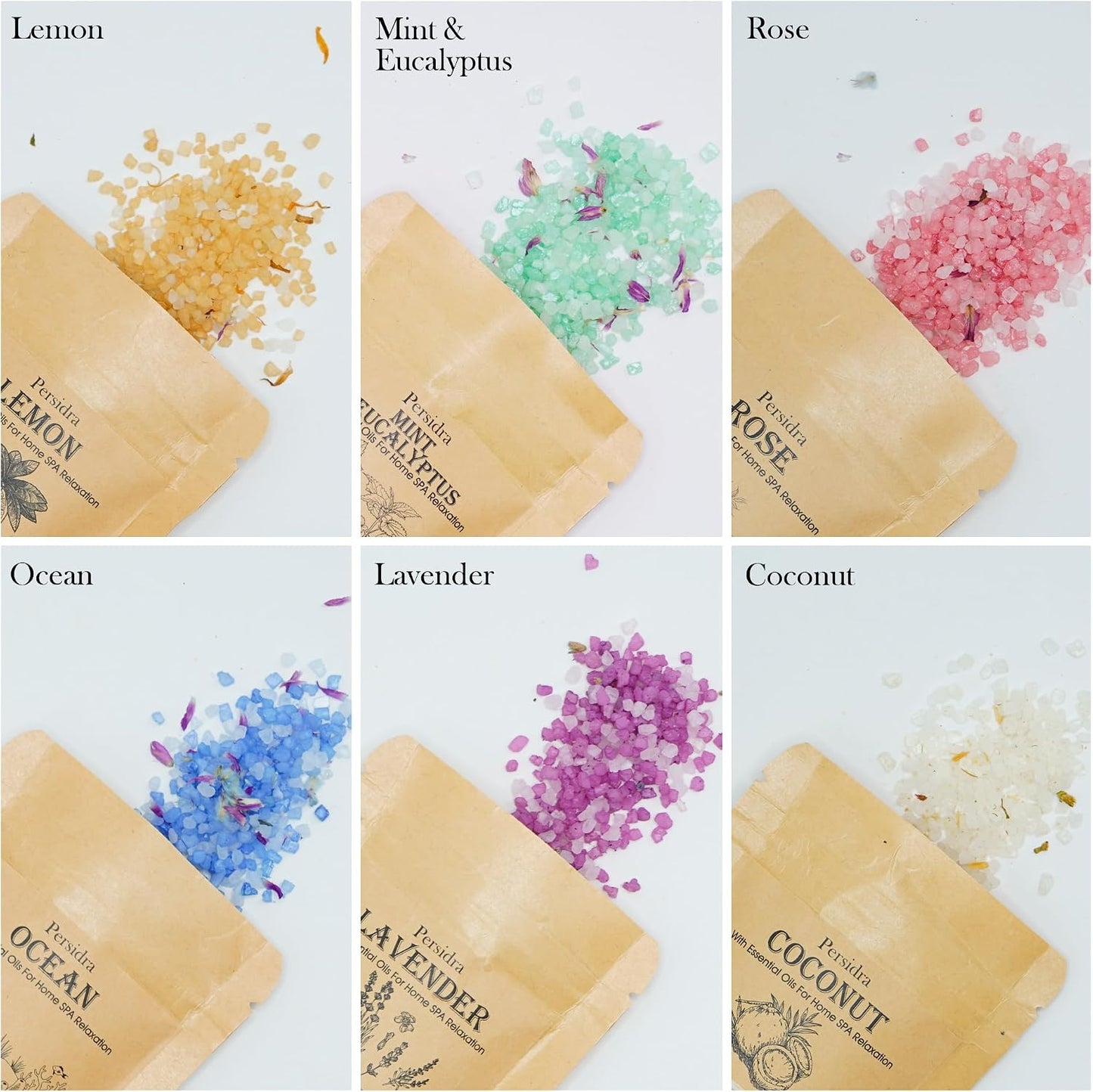 Bath Salts for Women Relaxing, Anniversary Birthday Gift Set, 6 Individually Wrapped with Natural Sea Salt, Minerals and Dried Flowers, Spa Bath & Foot Soak, Self Care for Women and Men, 6 Scents