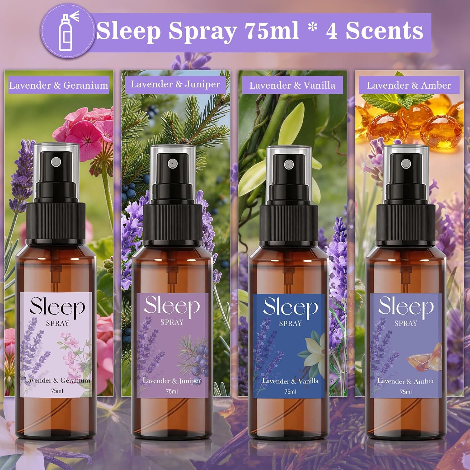 STRN Room Spray with Lavender Essential Oil for Sleep, Sleep Spray, Pillow Spray, 4 Scents - Lavender & Geranium, Juniper, Vanilla, Amber, Sweet Dream Fragrance Mist, 75 ML x 4 Bottles