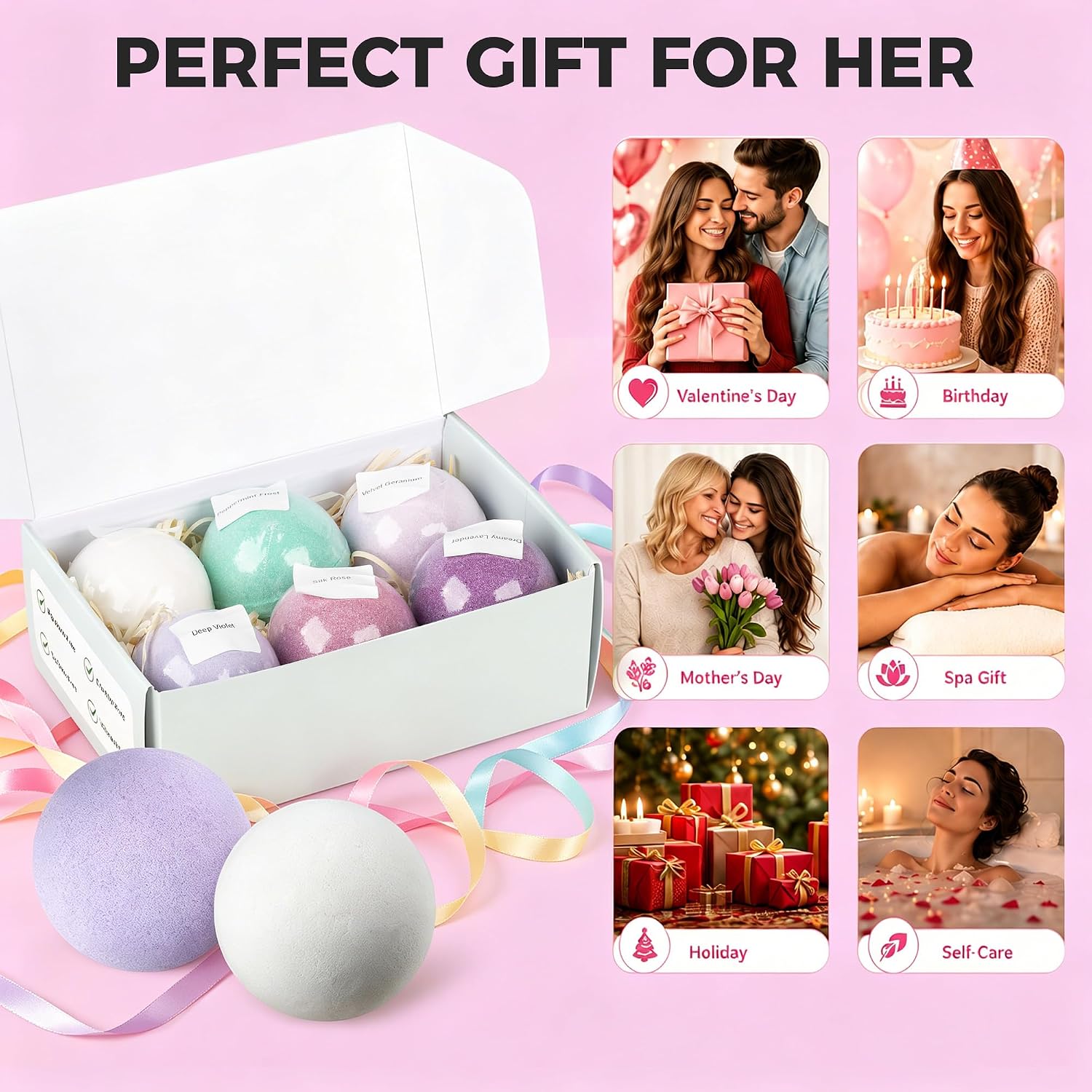 Jumbo Bath Bombs Gift Set for Women, 6 Pack 7 oz Fizzies | 6 Floral-Scented Jumbo 7 oz Bath Bombs with Hair Capsule, Colorful Fizz, Spa Gifts for Women, Mom, Wife, Girlfriend
