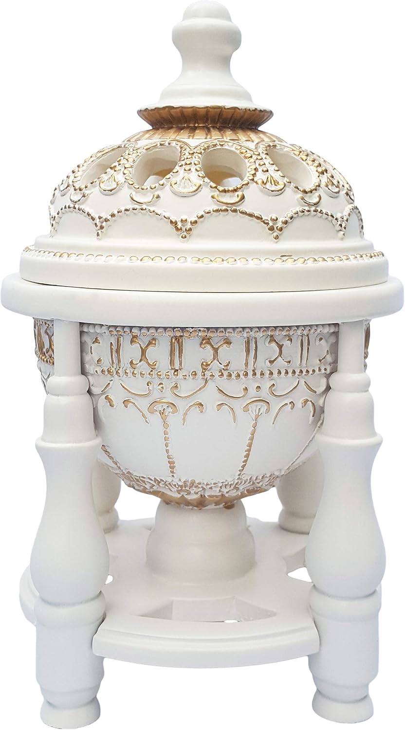 AM Charcoal Incense Burner - Bakhoor Burner, Oud Frankincense Resin Burner for Office & Home Decor - Lavish 4 Pillar (White)