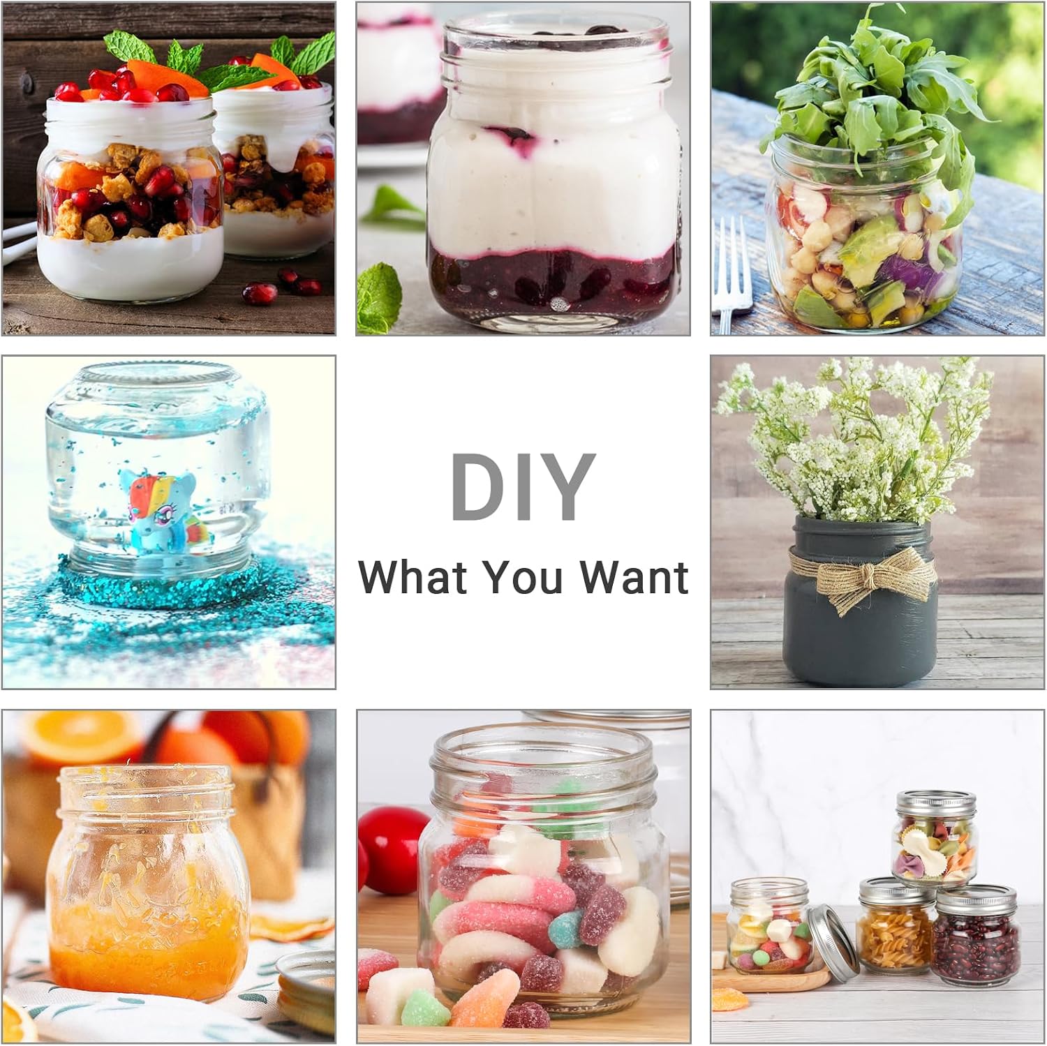 Eathtek Small Mason Jars 8oz/240ml with Regular Lids, 6 Pack Glass Canning Jars With Labels, Mini Glass Jars for Jam Jelly Spice Honey Herbs, Wedding Shower Favors Food Storage Candle Jars