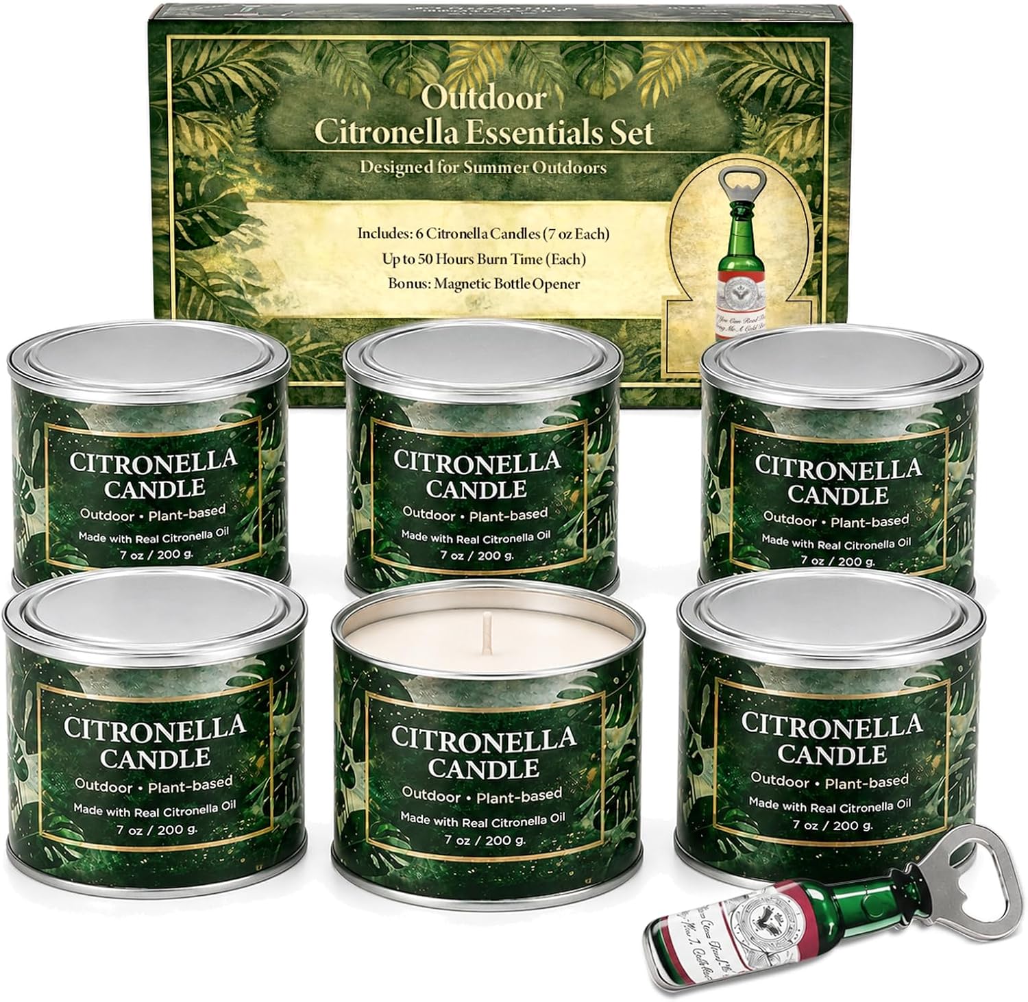 Citronella Candles Outdoor,6 Pack 42 oz Soy Wax Tin Candles with 7% Citronella Oil, Bonus Magnetic Bottle Opener, Up to 300 Hours, for Patio, Backyard, Camping, BBQ & Garden