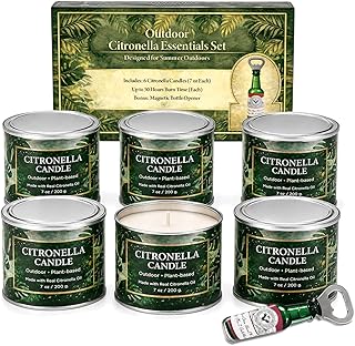 Citronella Candles Outdoor,6 Pack 42 oz Soy Wax Tin Candles with 7% Citronella Oil, Bonus Magnetic Bottle Opener, Up to 300 Hours, for Patio, Backyard, Camping, BBQ & Garden