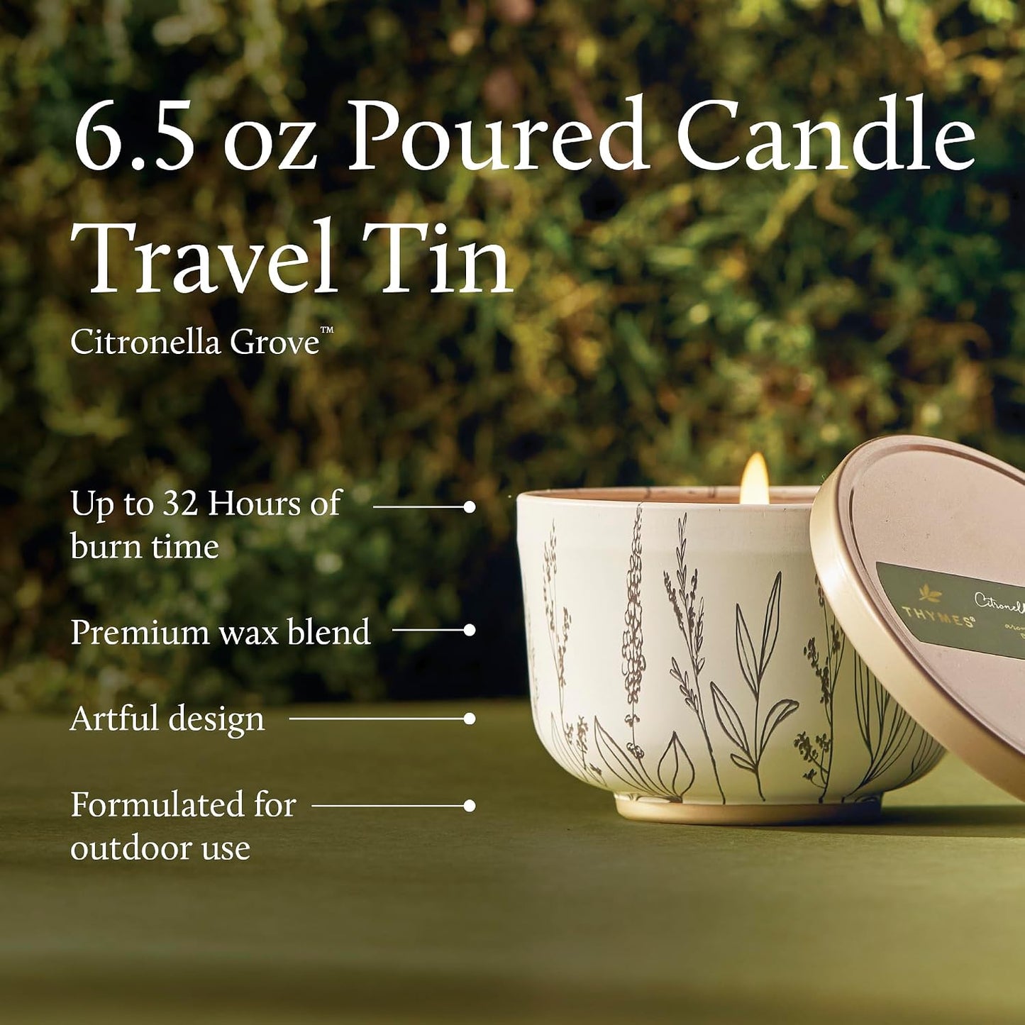 Thymes Scented Candles for Women & Men – Tin with Lid – Luxury Home Decor – Citronella Candles with Notes of Olive Leaf, Lemongrass, & Gardenia – Outdoor Decor (Citronella Grove, 6.5 oz)