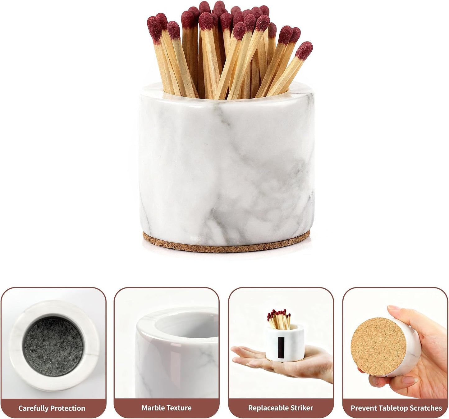 (2 Pcs) Marble Match Holder with Striker, 2.6" x 2" Matches in a jar, Candles Cute Home, Bathroom Decor - Candle Lover Gifts - Matches Not Included