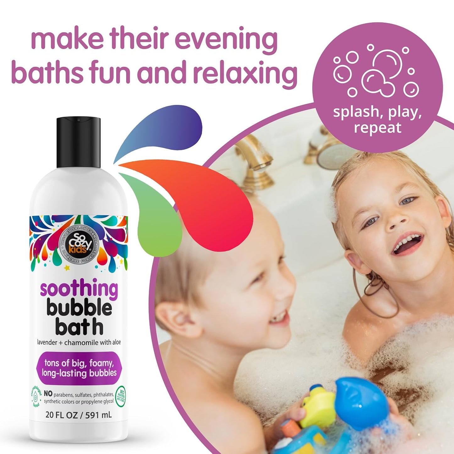 SoCozy Soothing Bubble Bath for Kids, Lavender & Chamomile, Moisturizing with Aloe Vera and Jojoba Oil, 20 FL OZ