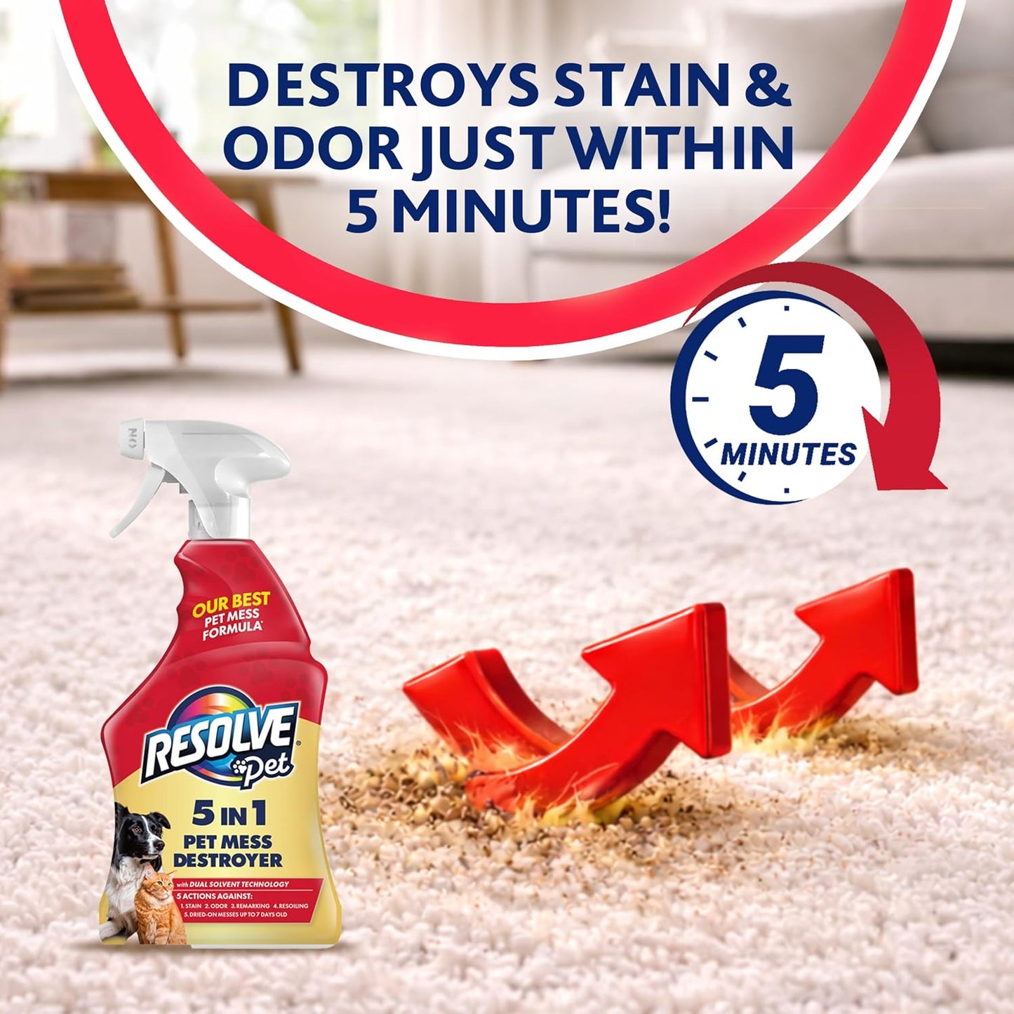 Resolve 5-in-1 Carpet Cleaner Spray – for Removal of Pet Stains & Odors Up to 7 Days Old, 22oz