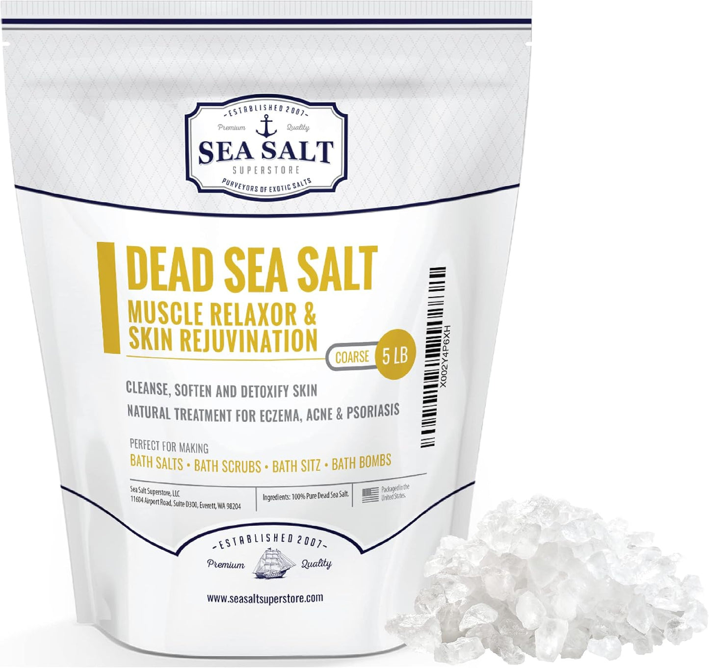 Sea Salt Superstore Natural Dead Sea Salt for Soaking - Coarse Grain Mineral Bath Salts from Israel Supporting Muscle Relaxation & Skin Rejuvenation - Home Spa Essentials - 5Lb Bag, 2 Pack