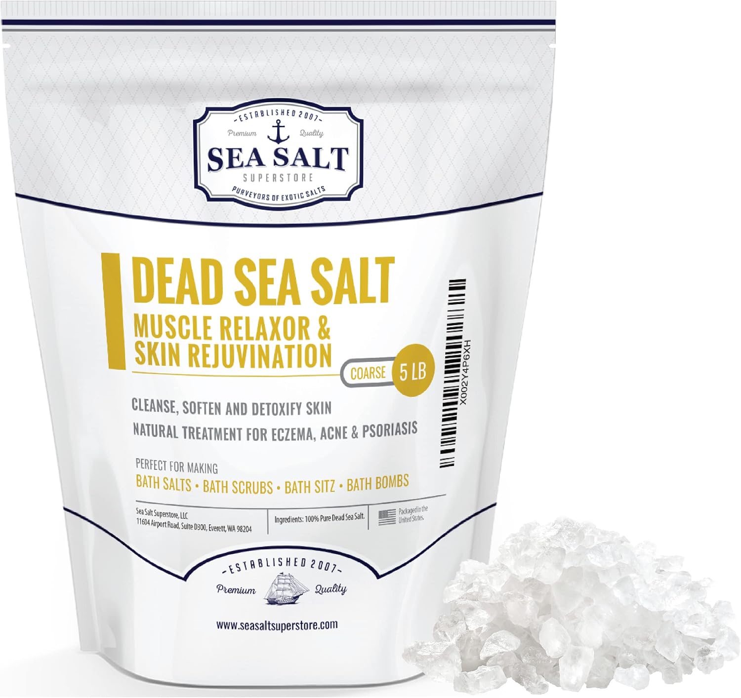 Sea Salt Superstore Natural Dead Sea Salt for Soaking - Coarse Grain Mineral Bath Salts from Israel Supporting Muscle Relaxation & Skin Rejuvenation - Home Spa Essentials - 5Lb Bag, 2 Pack