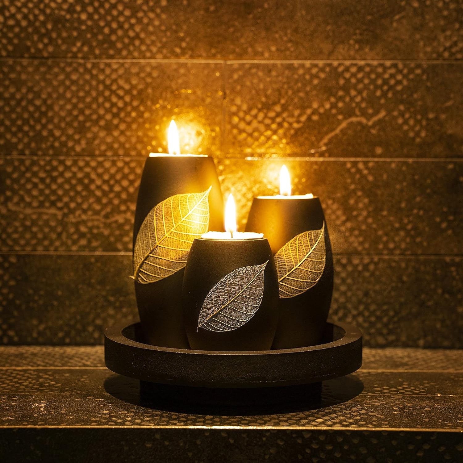 IYARA CRAFT Candle Holder Set with Tray – 3 Handmade Wood Tealight Holders, Black Leaf Design, Winter Home Décor, Spa-Inspired Holiday Centerpiece & Elegant for Women, Mom, Housewarming