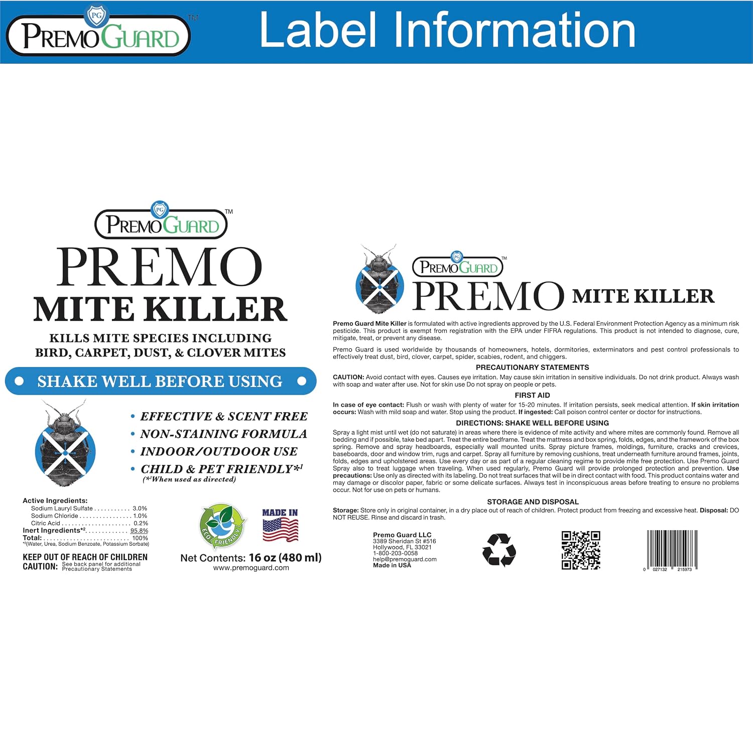 Premo Guard Natural Mite Spray – 16 oz Bottle – Plant Based Treatment for Dust, Spider, Carpet, Bird, Rat Mites – Safe for Families, Pet, Home, Bedding & Furniture When Used As Directed