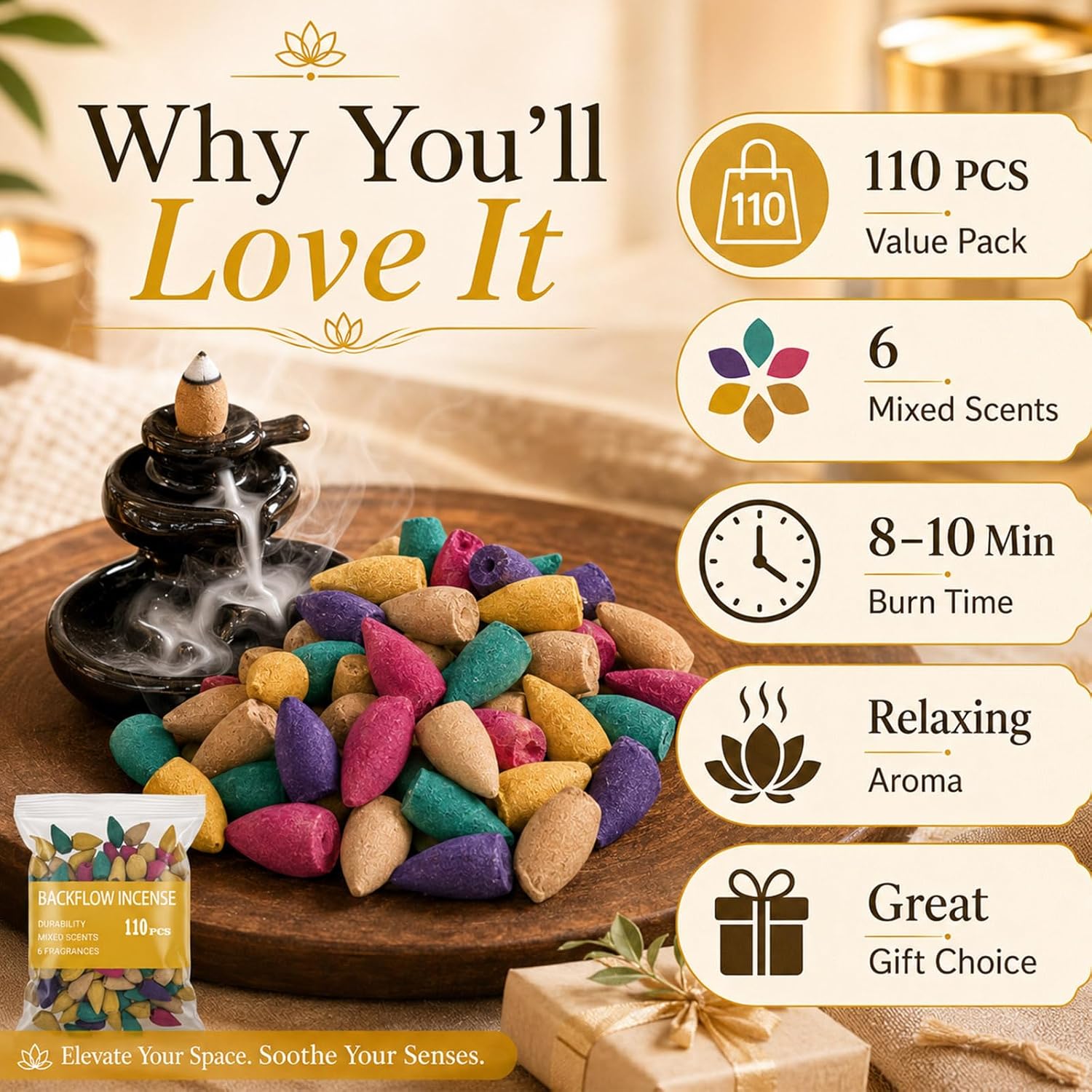 110Pcs Backflow Incense Cones for Waterfall 6 Different Mixed Natural Incense Waterfall Cones