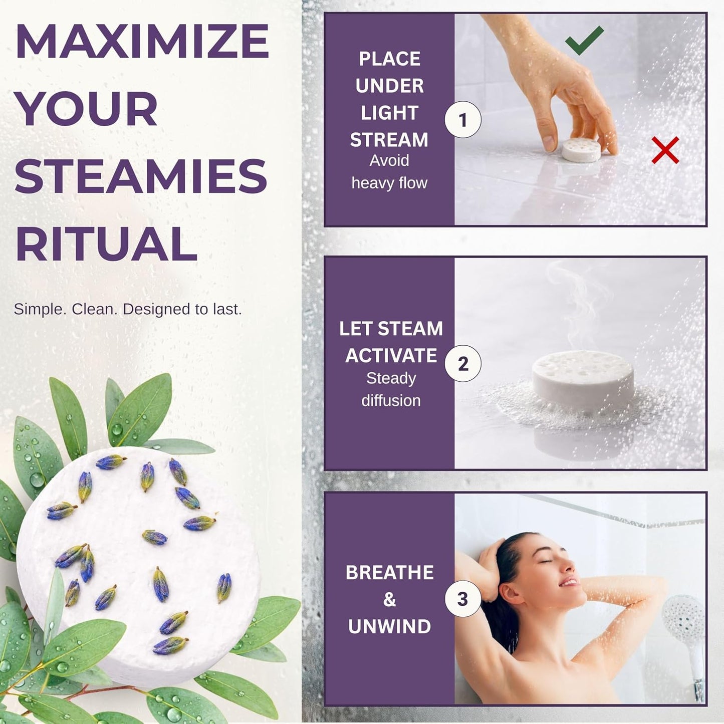 STEAMIES Lavender Shower Steamers Aromatherapy Deep Sleep 15 Pack – Premium Shower Bombs with Chamomile & Vetiver 100% Essential Oils, Shower Tablets for Sleep, Relaxation & Stress Relief