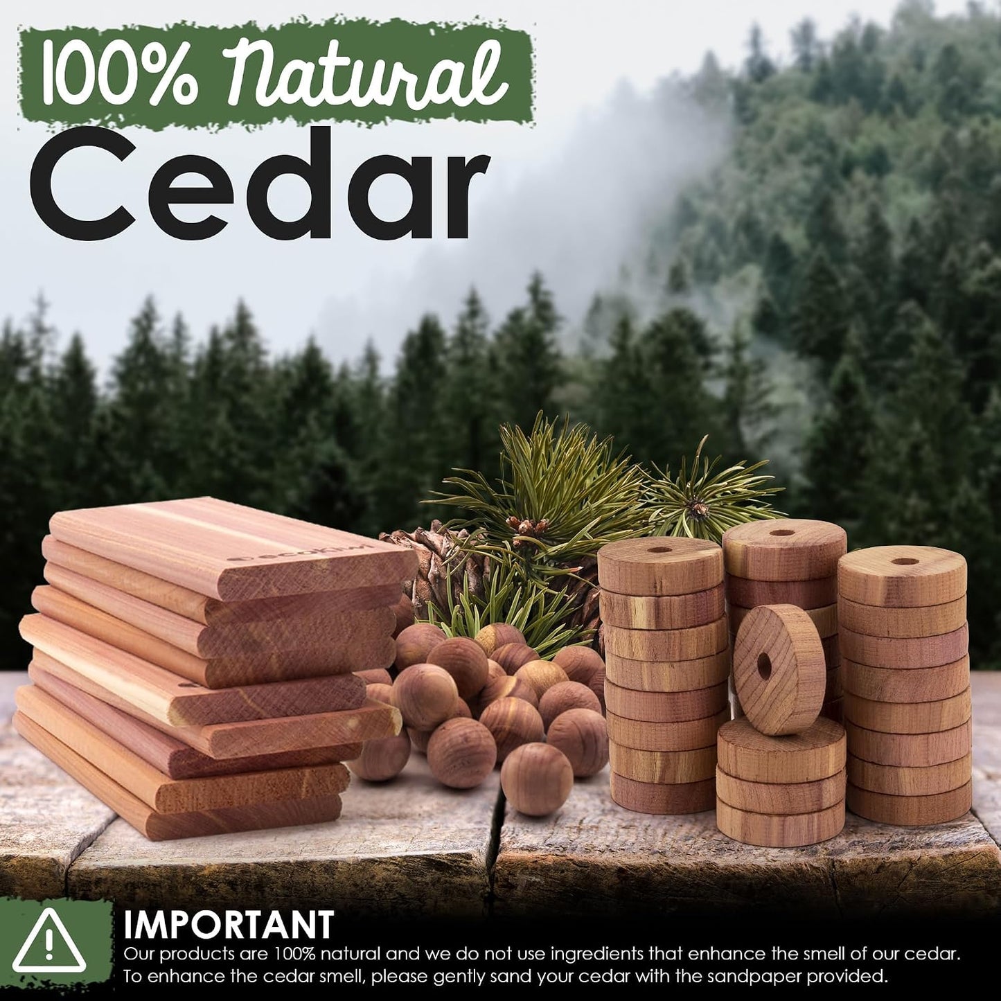 ecoKiwi Cedar Blocks for Clothes Storage Mini Bundle Box - Cedar Hangers x6, Balls x16 & Rings x12-100% Natural Oil Planks & Chips for Closets & Drawers - Aromatic Red Cedar Wood with Sandpaper
