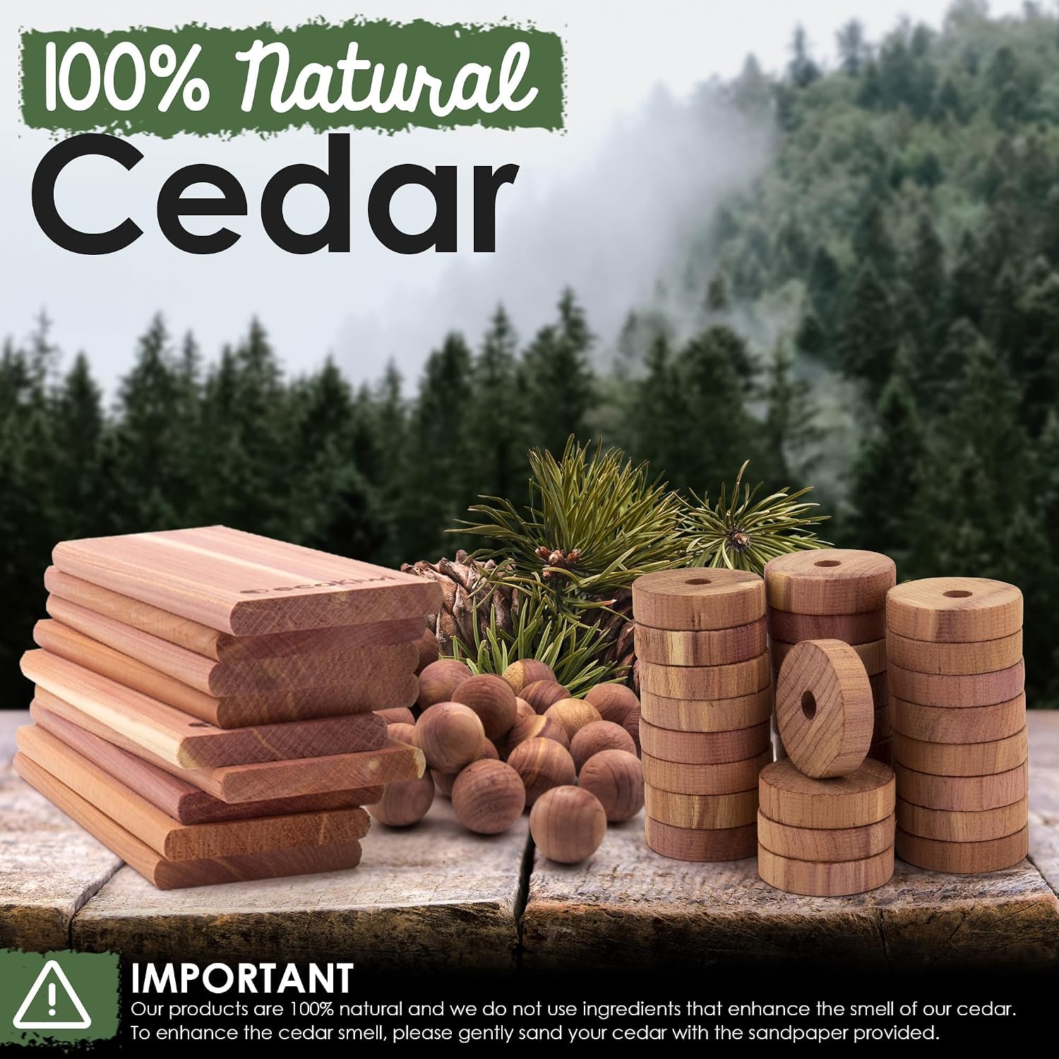 ecoKiwi Cedar Blocks for Clothes Storage Mini Bundle Box - Cedar Hangers x6, Balls x16 & Rings x12-100% Natural Oil Planks & Chips for Closets & Drawers - Aromatic Red Cedar Wood with Sandpaper