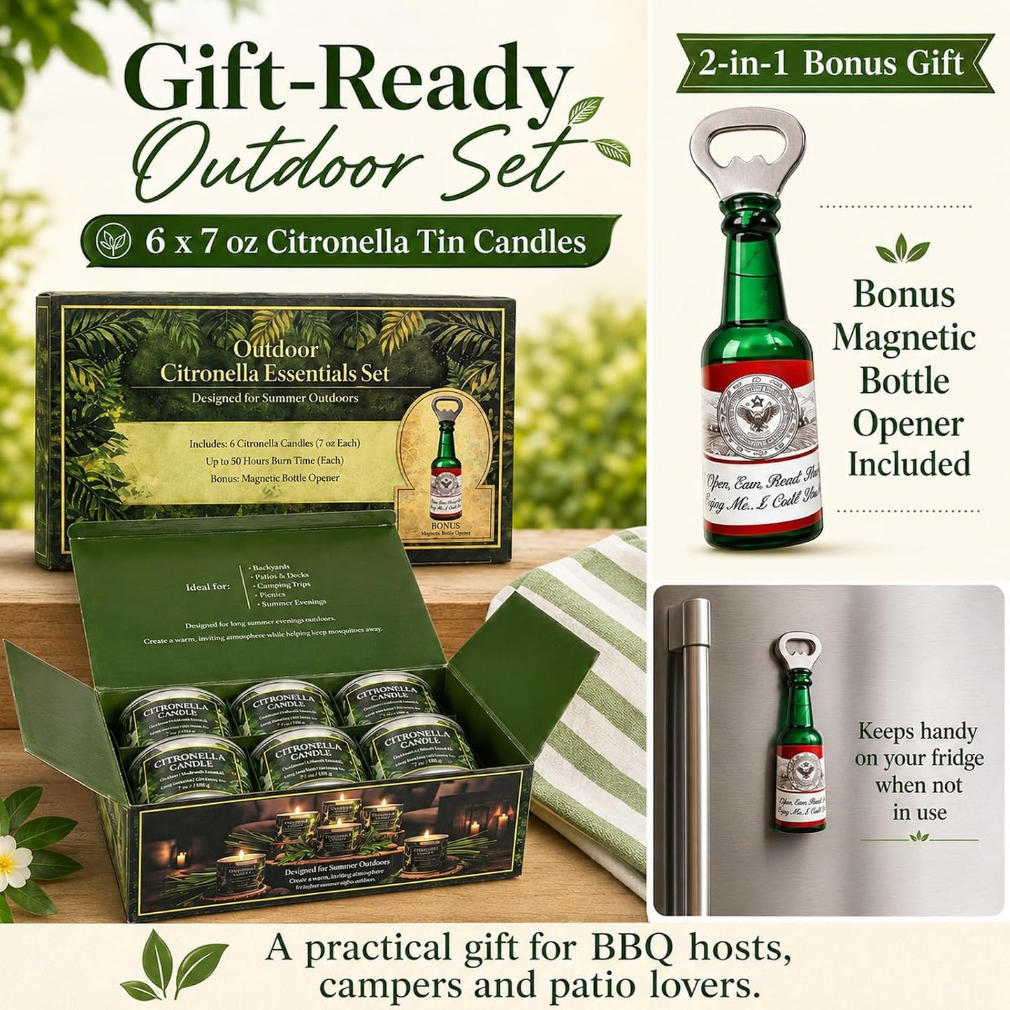 Citronella Candles Outdoor,6 Pack 42 oz Soy Wax Tin Candles with 7% Citronella Oil, Bonus Magnetic Bottle Opener, Up to 300 Hours, for Patio, Backyard, Camping, BBQ & Garden