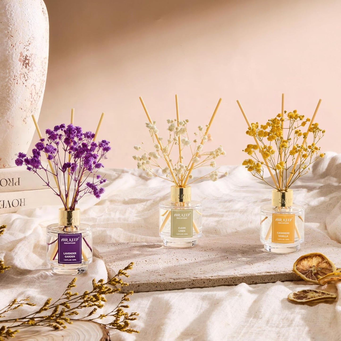 Airkeep Reed Diffuser Set of 3,Clean Linen Cashmere Vanilla Lavender Garden Oil Reed Diffusers for Bedroom Living Room Office Aromatherapy Oil Reed Diffuser for Gift 50ml x 3