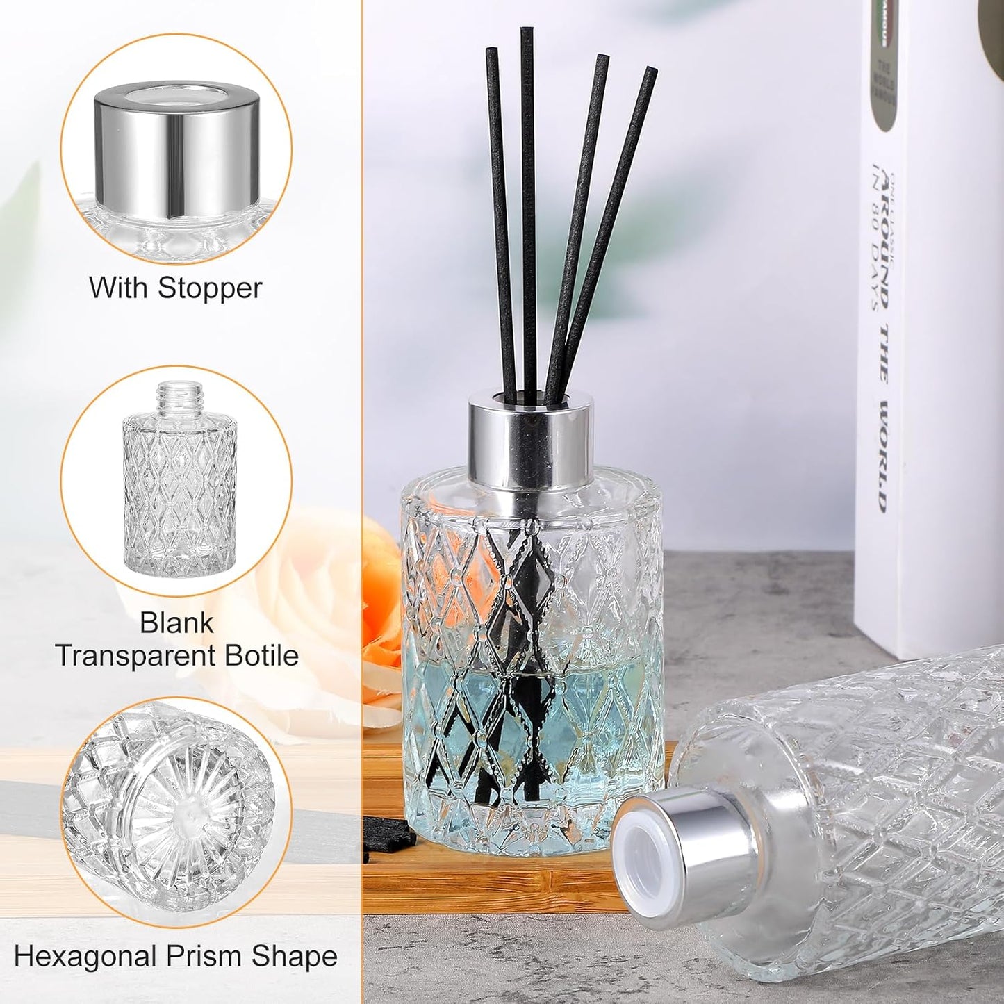 4 Set Empty Reed Diffuser Bottle Set with Stick, 150ml Refillable Patterned Glass Vase with Black Rattan Reed & Cap for DIY Essential Oil, Home Fragrance, Bulk,Silver