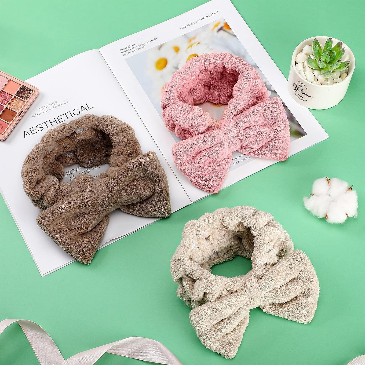 3 Pieces Towel Headbands for Women Makeup Headband for Washing Face Makeup Spa, Microfiber Bowtie Shower for Women(Pink, Light Camel, Light Coffee)