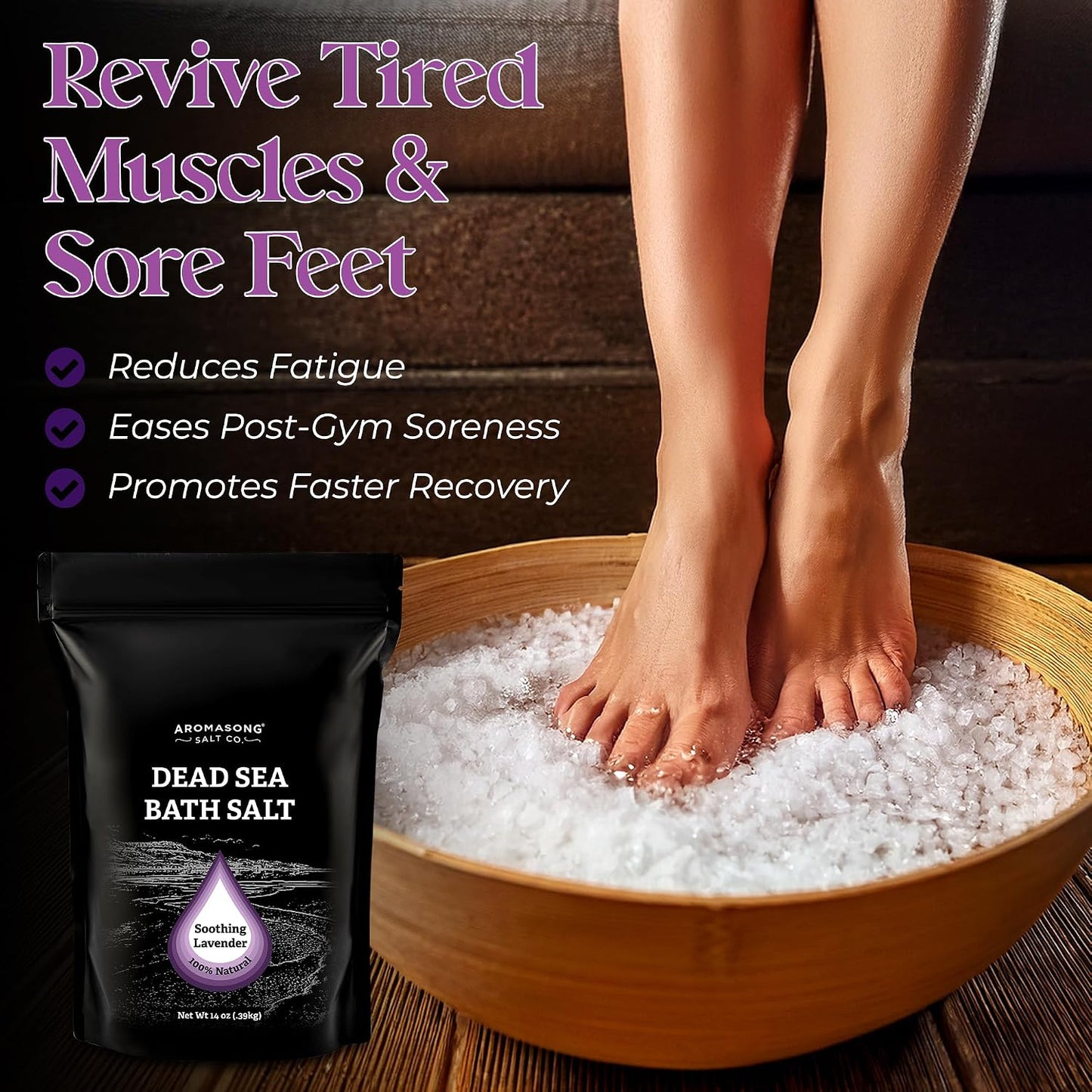 Aromasong Pure Dead Sea Salt for Soaking with 100% Natural Lavender, 14 Oz. - Spa Bath Salt Fine Grain - Body Wash Scrub - Soak for Women & Men- Resealable Pack