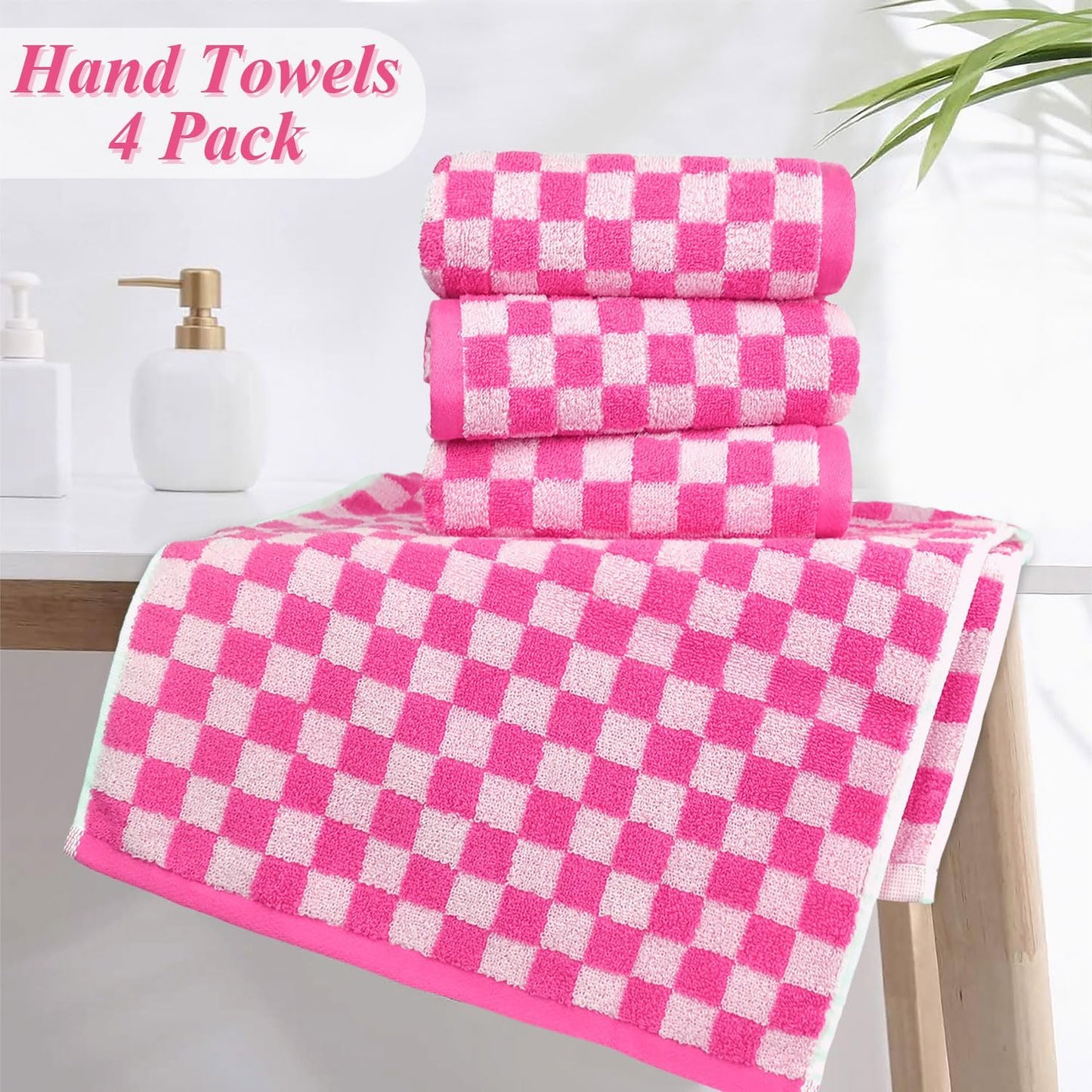 Jacquotha Pink Hand Towels 4 Pack, Cotton Decorative Bathroom Hand Towel & Checkered Kitchen Decor, 13" x 29"