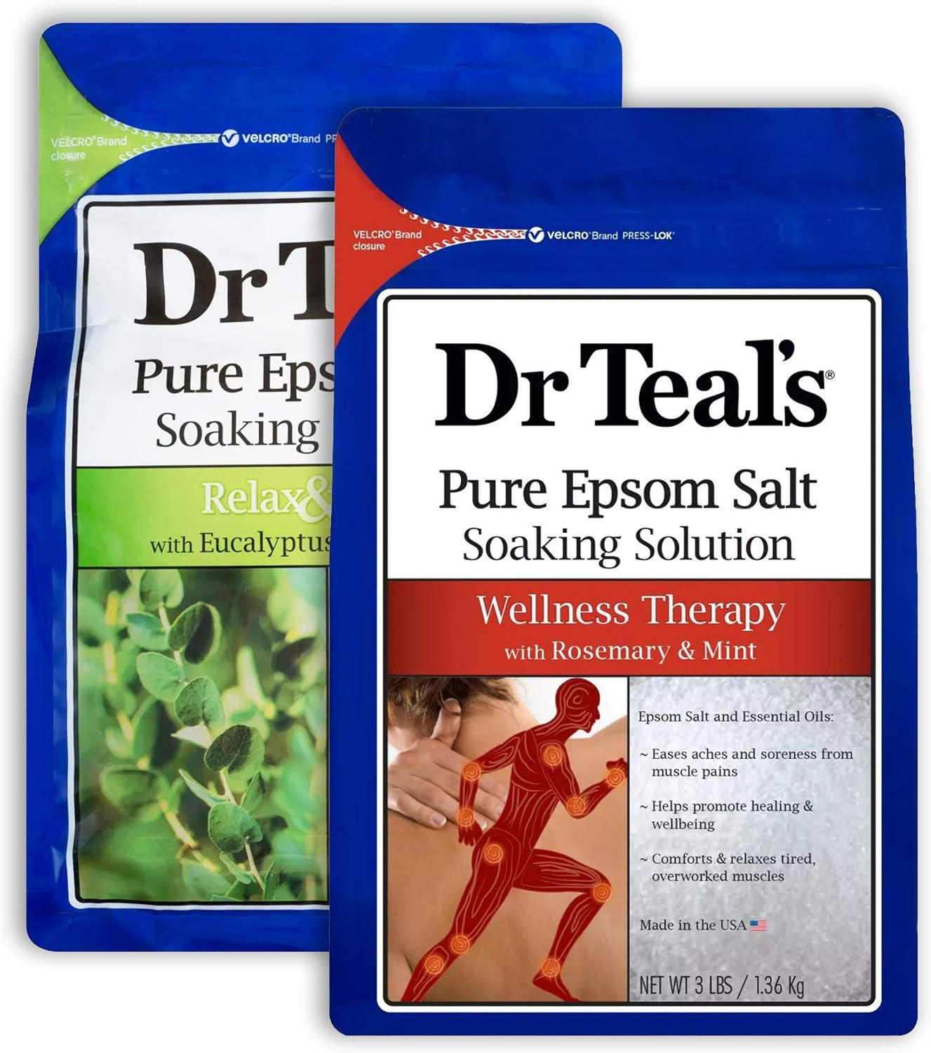Dr. Teal's Salt Bath Soak Variety Gift Set (2 Pack, 3lbs Ea.) - Relax & Relief Eucalyptus & Spearmint, & Wellness Therapy Rosemary & Mint - Blended with Pure Epsom Salt - Relieve Stress at Home