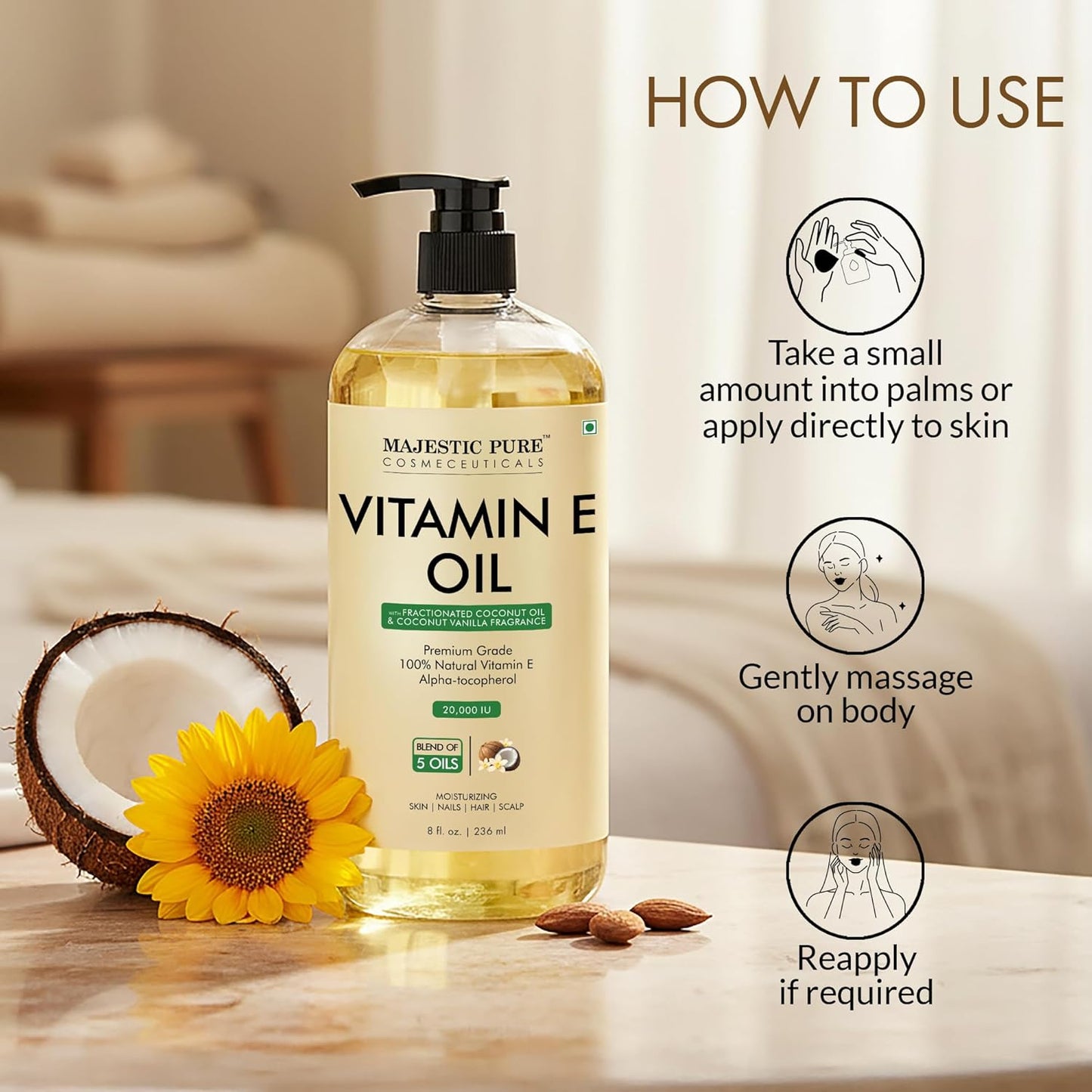 Majestic Pure Oil - 100% Pure and Natural- Cold Pressed & Hexane Free Natural Hair Growth Oil for Eyelashes, Eyebrows, Skin, Body, Face, Nails & Scalp - Coconut & Vanilla Formula Vitamin E Oil 8 Fl Oz