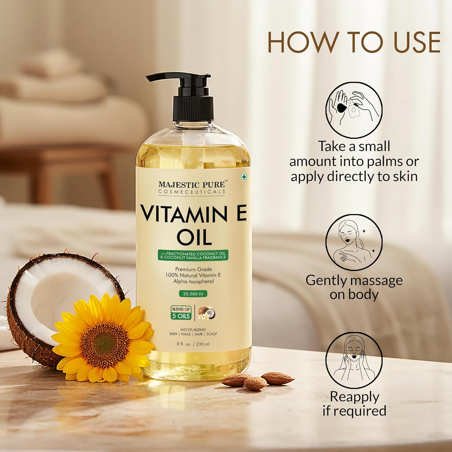 Majestic Pure Oil - 100% Pure and Natural- Cold Pressed & Hexane Free Natural Hair Growth Oil for Eyelashes, Eyebrows, Skin, Body, Face, Nails & Scalp - Coconut & Vanilla Formula Vitamin E Oil 8 Fl Oz