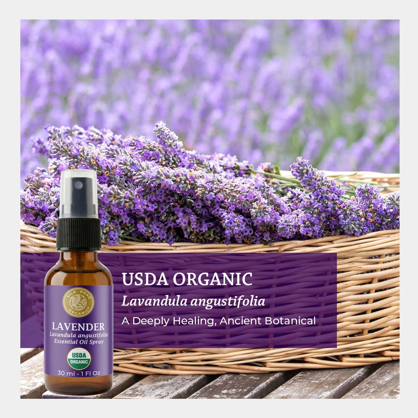 Silk Road Organic Lavender Essential Oil Spray, Lavandula Angustifolia, 100% Pure USDA Certified Aromatherapy for Calming, Relaxation & Skin – 1 oz Spray - Always Pure, Always Organic