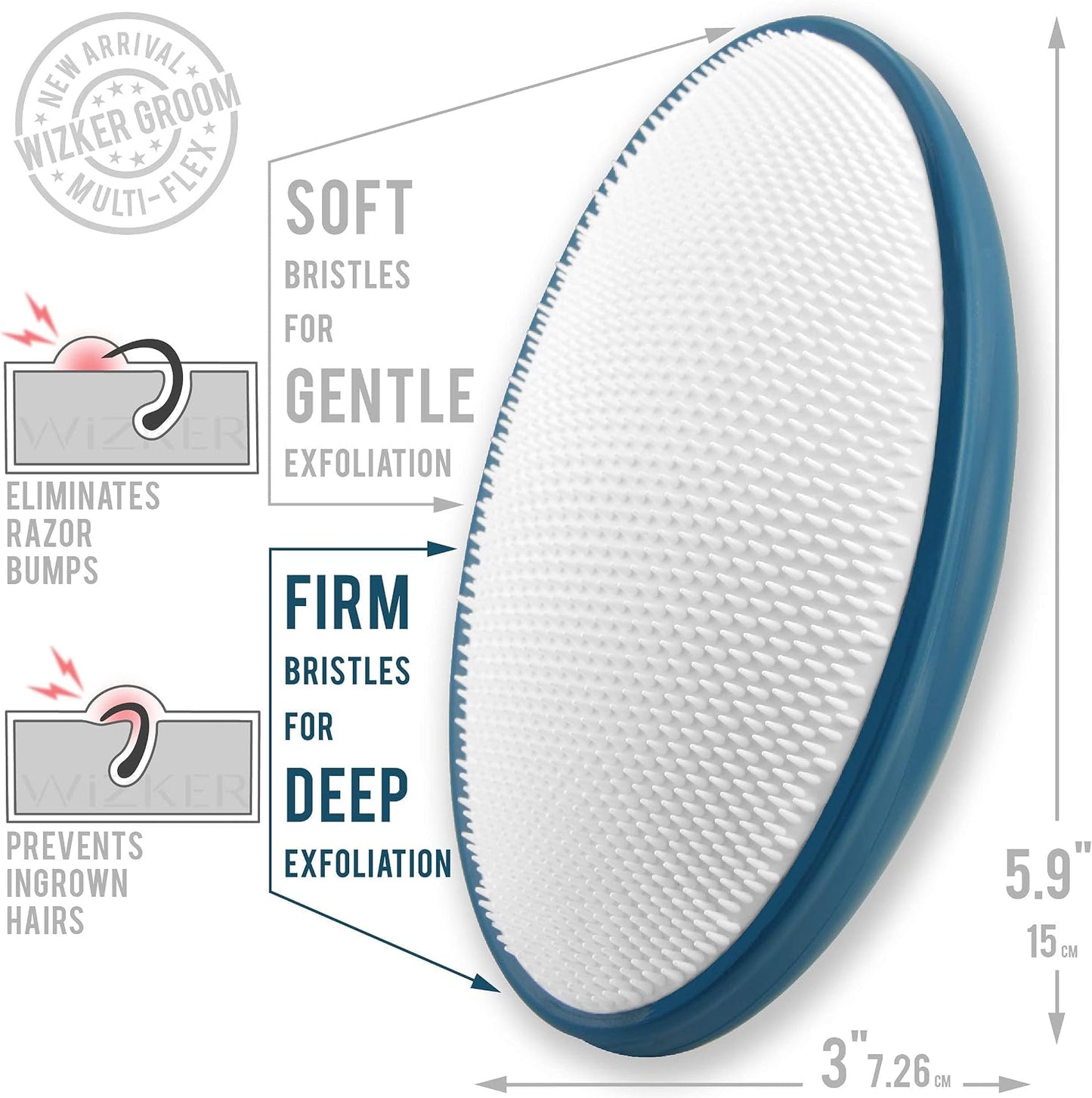 WIZKER Ingrown Hair Brush - 2-in-1 Exfoliating Brush for Razor Bumps, Sensitive Skin - Soft and Firm Bristles, Face Body Scrubber, Waterproof, Mold Resistant - Deep Blue