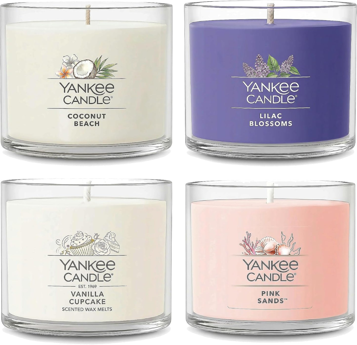 Yankee Candle Mini Jar Scented Candles, Small Single Wick Candle Set, Soy Wax Blend, Vanilla Cupcake, Lilac Blossoms, Coconut Beach, Pink Sands (Sweet Serenity Variety Pack)