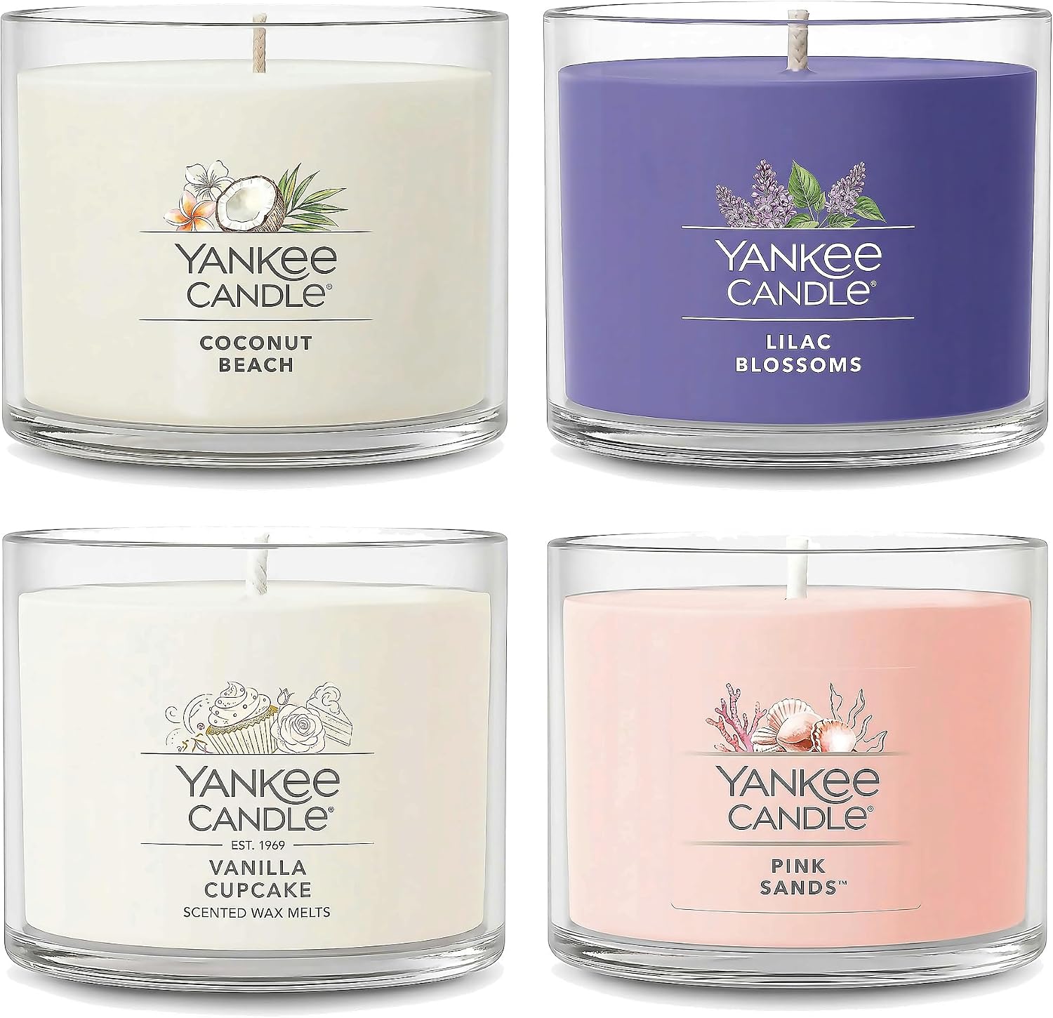 Yankee Candle Mini Jar Scented Candles, Small Single Wick Candle Set, Soy Wax Blend, Vanilla Cupcake, Lilac Blossoms, Coconut Beach, Pink Sands (Sweet Serenity Variety Pack)