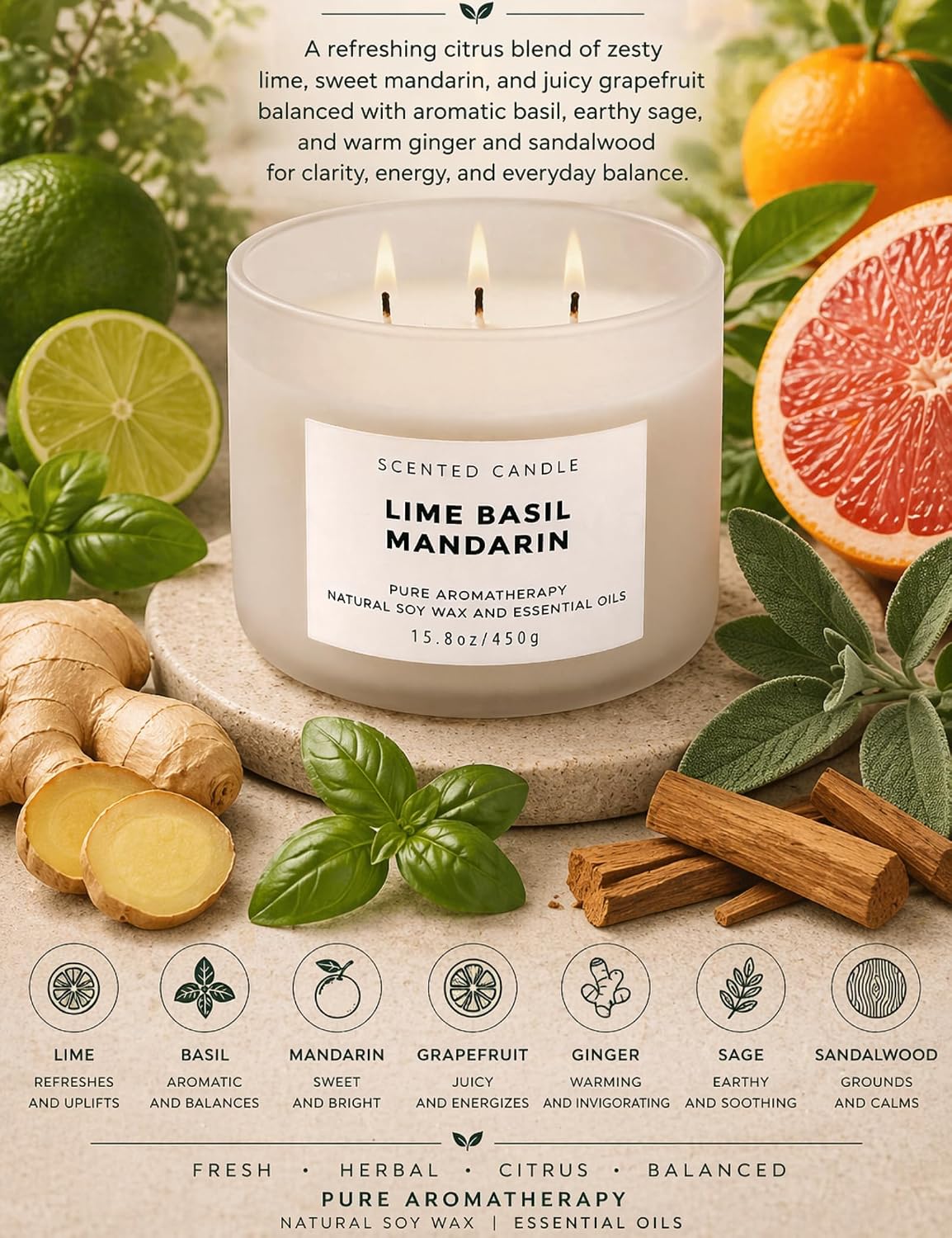 Lime Basil Mandarin 3-Wick Soy Candle | 15.8 oz Large Scented Candle for Home | Clean Burn Long Lasting | Fresh Herbal Citrus Scent | Gift Ready
