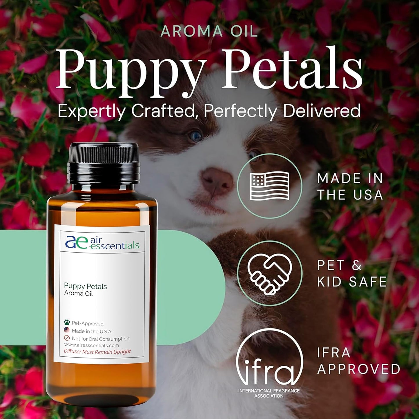 Air Esscentials Puppy Petals Aroma Oil - Pet-Preferred Pure Essential Oil for Scent Machines & Cold-Air Diffusers | Crisp Apple & Zesty Lime | Floral Light & Airy Musk | Safe for Pets | 300mL