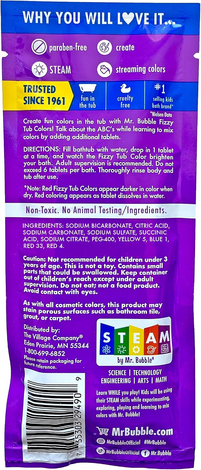 Mr. Bubble Fizzy Tub Colors Bath Water Coloring Tabelets, 6 Bright Colors, Red, Orange, Yellow, Purple, Blue and Green, Fragrance Free (12 Packets, 9 Tablets Each)