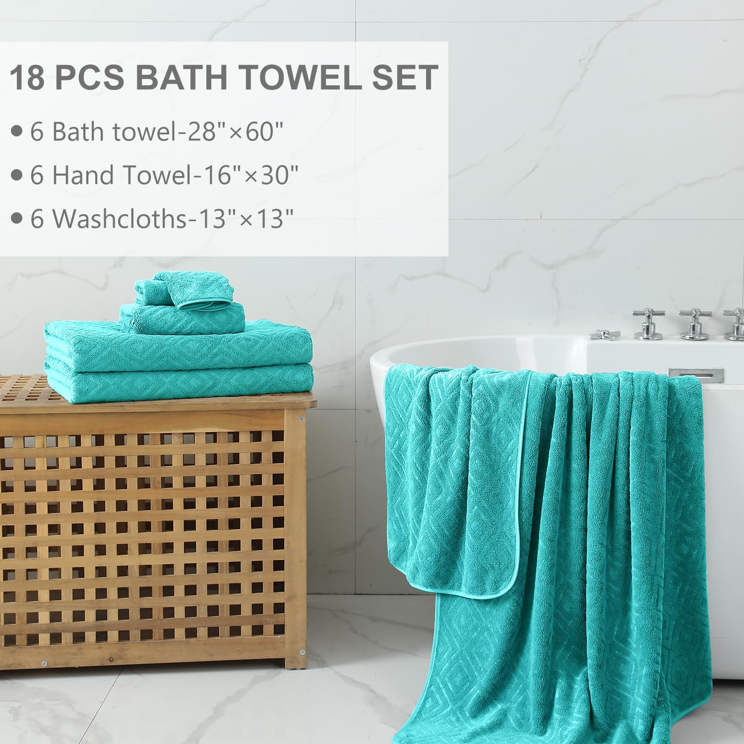 Smuge 18-Piece Bath Towel Set, Include 6 Bath Towel Sheets, 6 Hand Towels and 6 Washcloths - Highly Absorbent Quick Dry 100% Microfiber,Ultra Soft Bathroom Towel Set (Sea Blue)