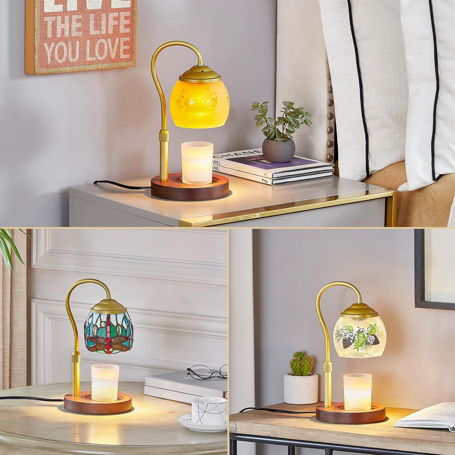 Dragonfly Tiffany-Style Candle Warmer Lamp with 2 Bulbs - Handcrafted Stained Glass, Height-Adjustable Timer & 4 Dimmer Levels, No Assembly Required, Fits Jars up to 5"