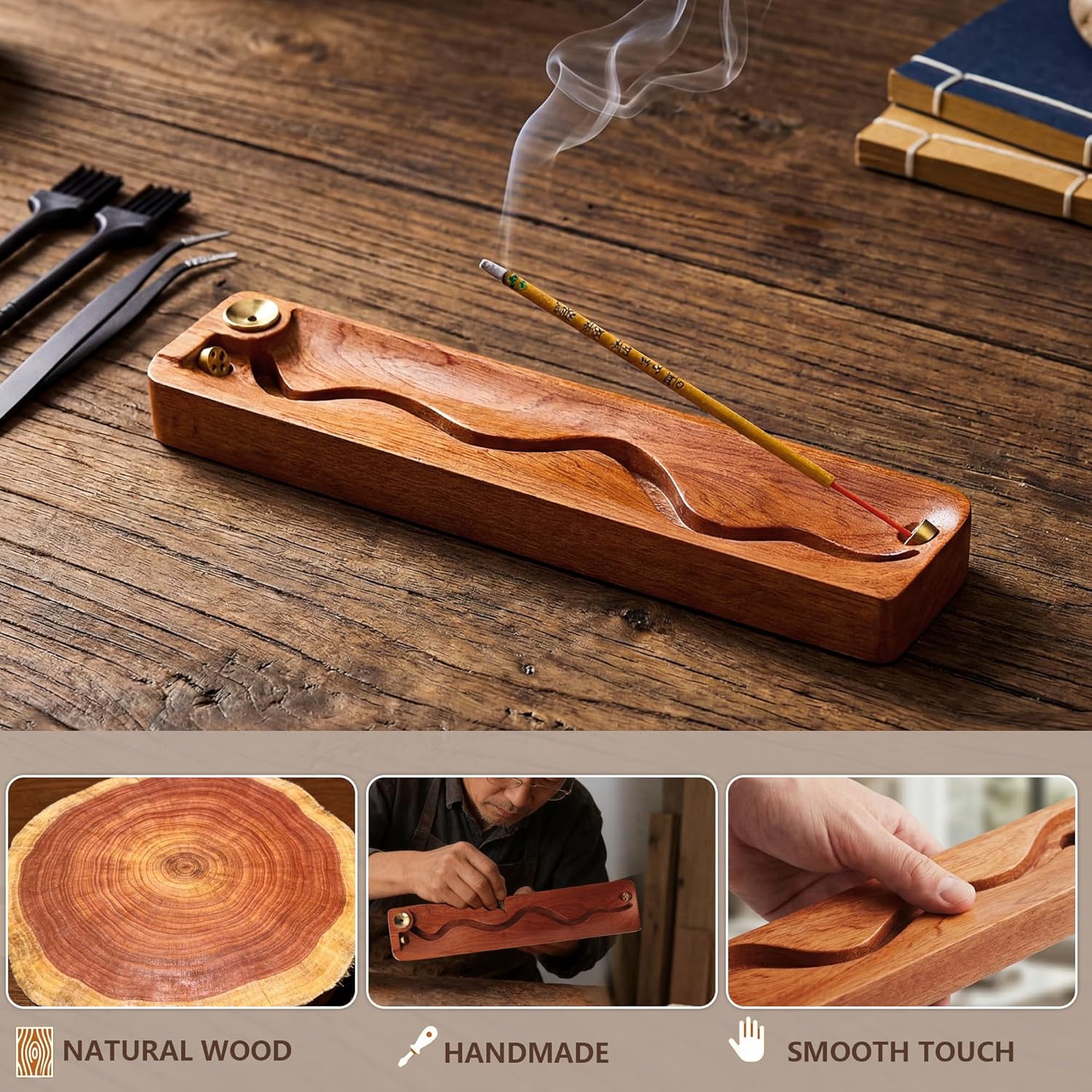 2 in 1 Wooden Incense Holder Sticks with Backflow Incense Cone Burner,Multi-Hole Fits All Thicknesses Sticks,for Meditation Yoga Home Gift