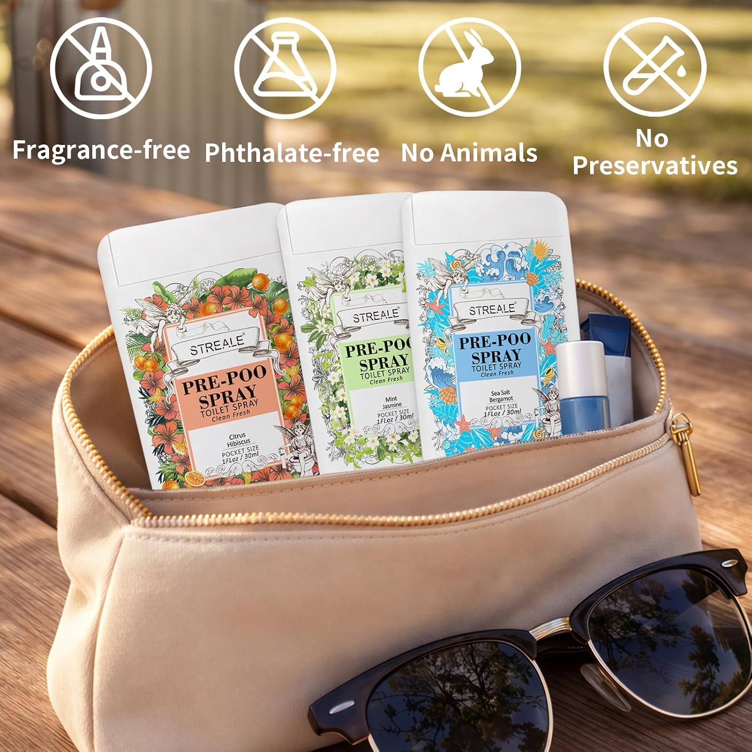 Travel Size Toilet Spray 6-Pack, Travel Essentials Toiletries, Pocket Size Pre-Poo Spray, Bathroom Odor Deodorizer, Up to 360 Uses, 6 Refreshing Scents