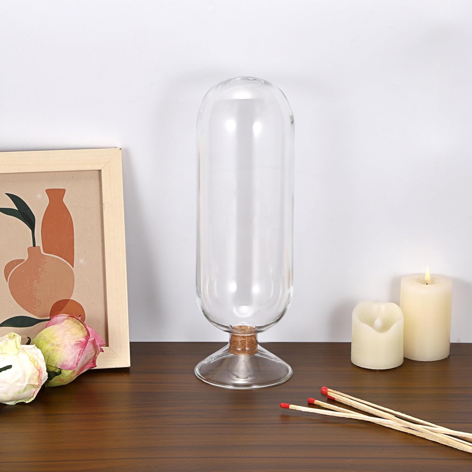 OwnMy 8 Inch Glass Match Cloche Decorative Glass Match Holder Jar with Cork Stopper, Clear Glass Matches Box Matchstick Holder Organizer for Home Bathroom Fireplace Candle Use (NOT Includes Matches)