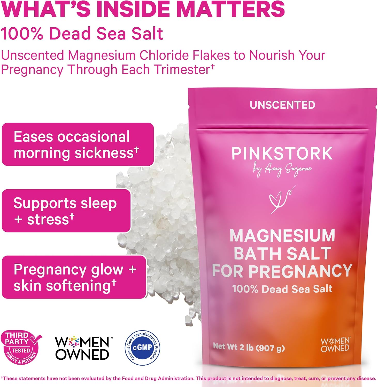Pink Stork Pregnancy Bath Soak – Unscented Magnesium Flakes for Bath or Foot Soak – Pure Dead Sea Salt – Relief for Pregnancy Aches, Swollen Feet, and Stress – Clean, Fragrance-Free – 2 lb